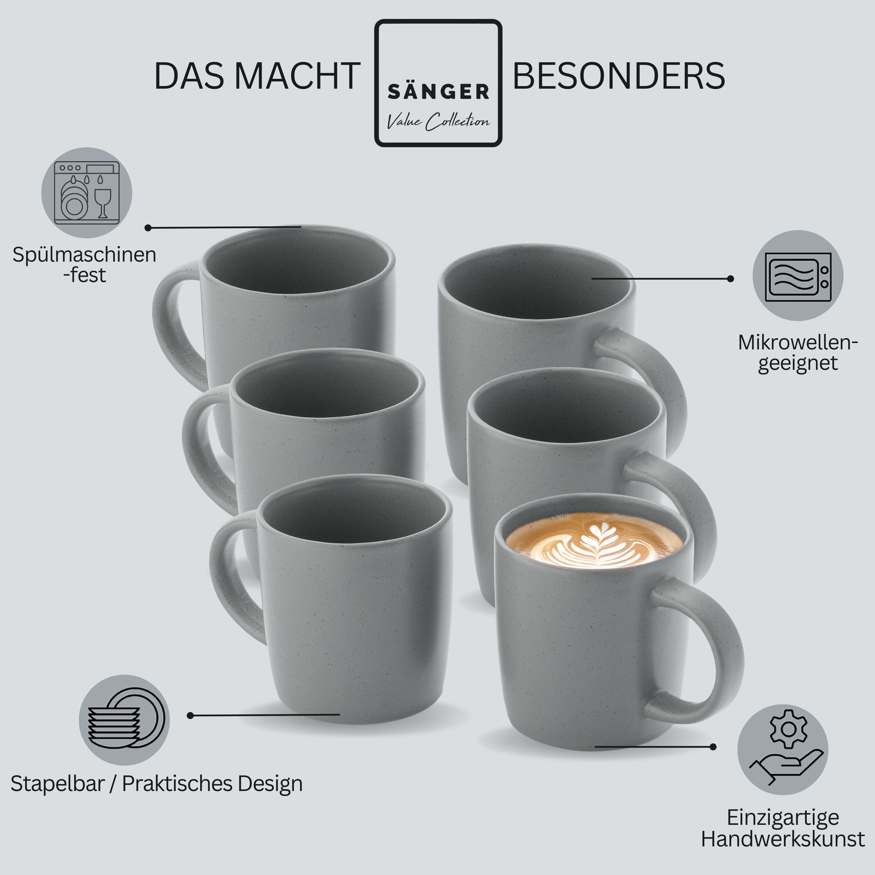 SÄNGER Steingut Kaffeebecher Leeds Shadow 6 teilig