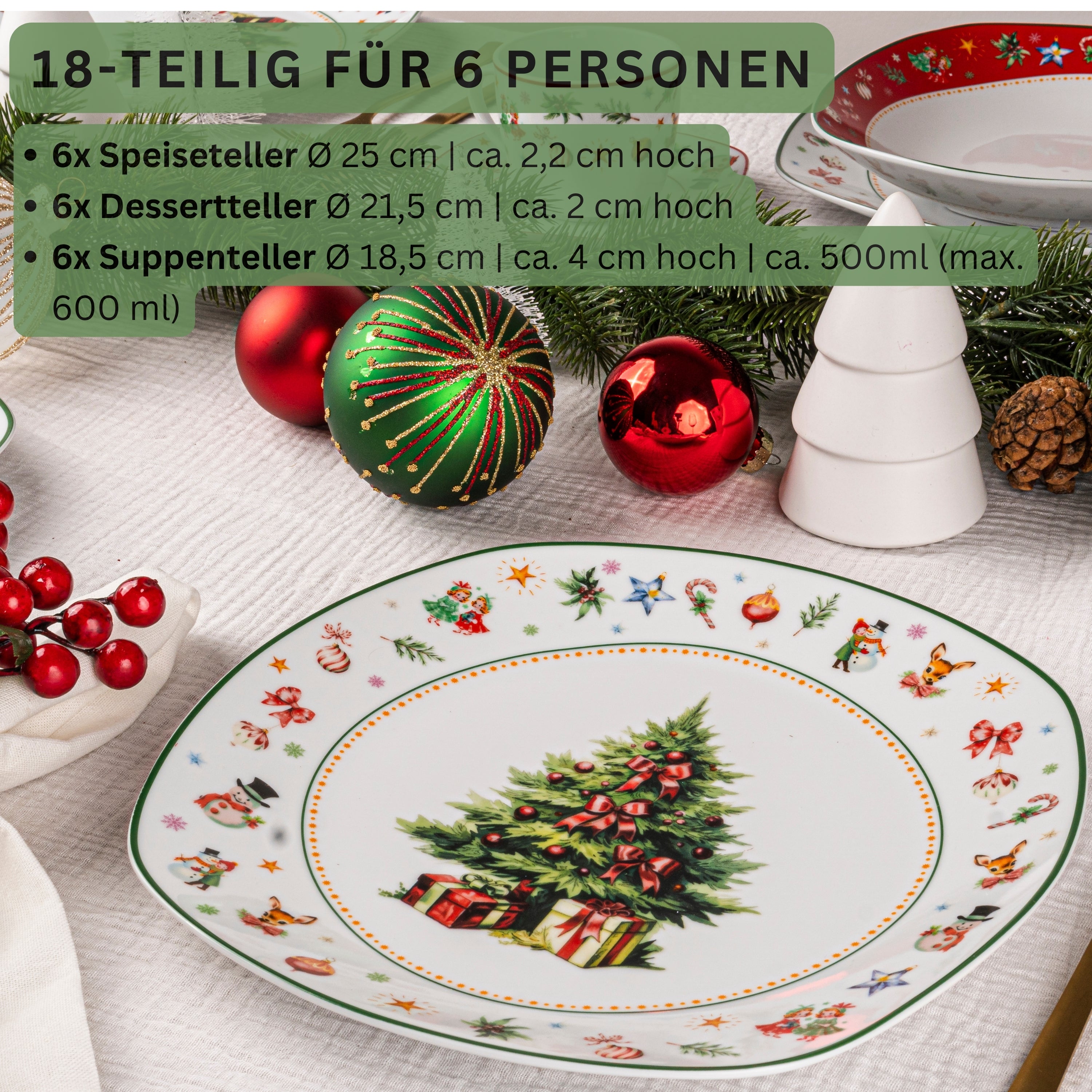 SÄNGER Porzellan Geschirrset Bilgola Christmas Design, Tafelservice 18 teilig für 6 Personen