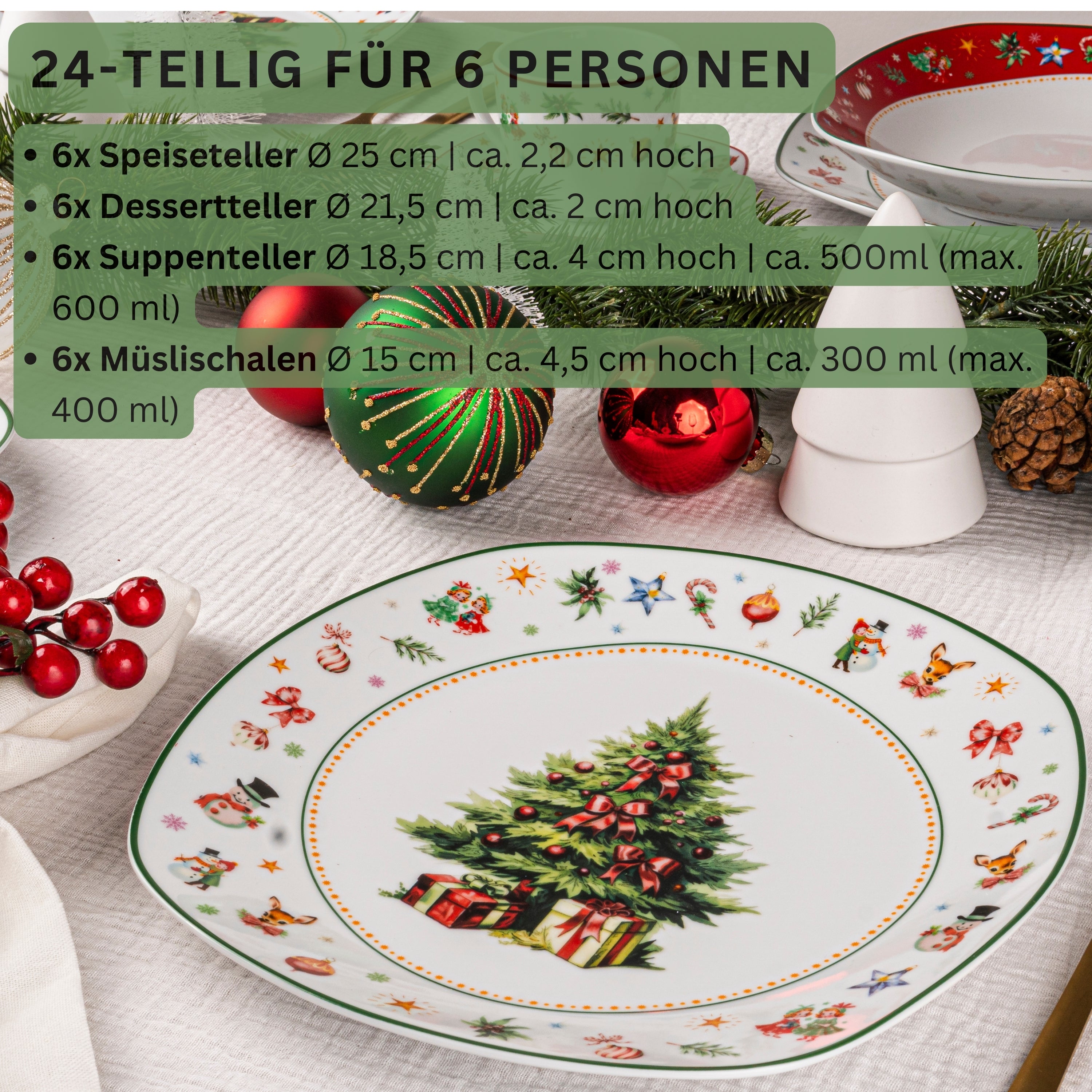 SÄNGER Porzellan Geschirrset Bilgola Christmas Design, Tafelservice 24 teilig für 6 Personen