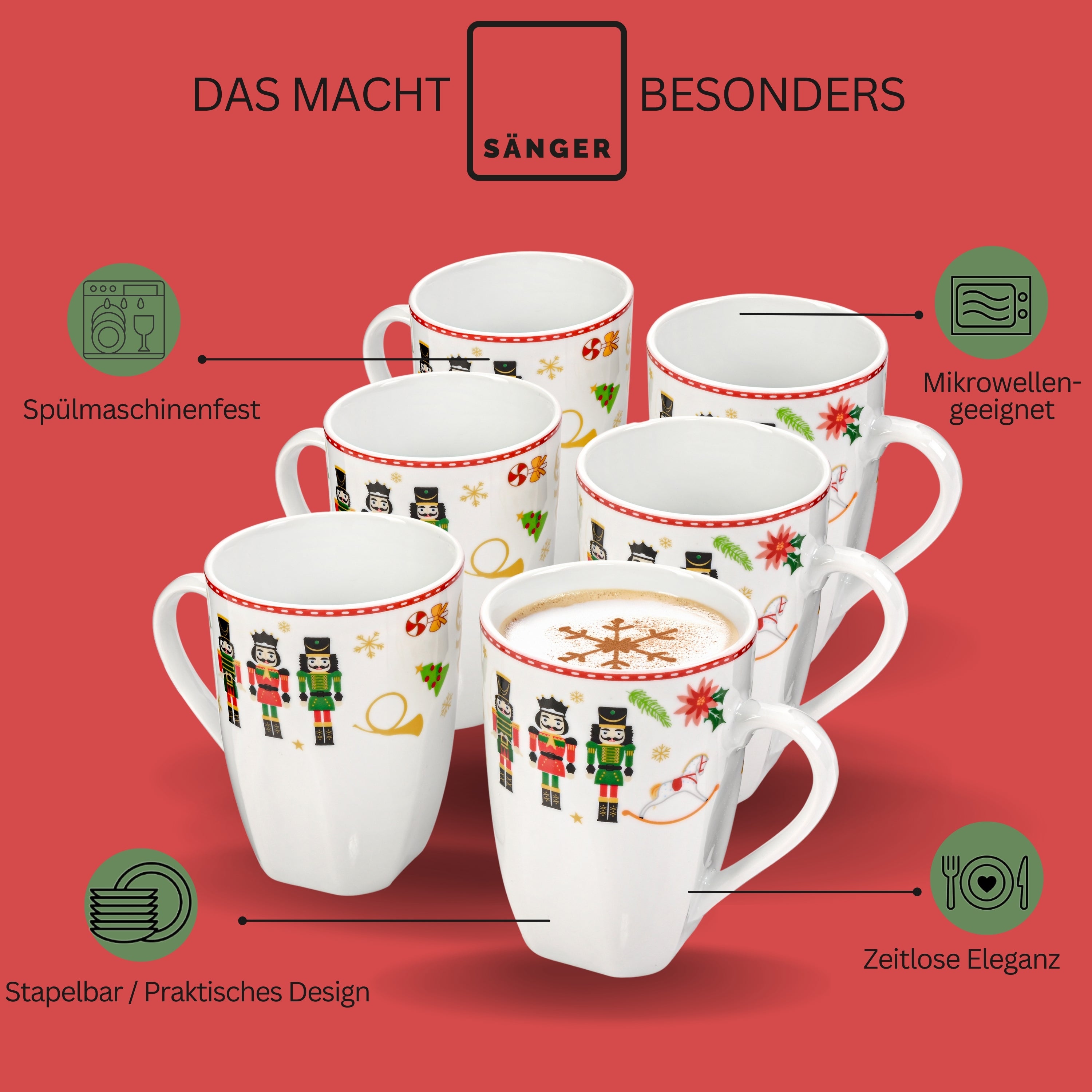 SÄNGER Kaffeebecher Set Bilgola Nussknacker Design 6 teilig