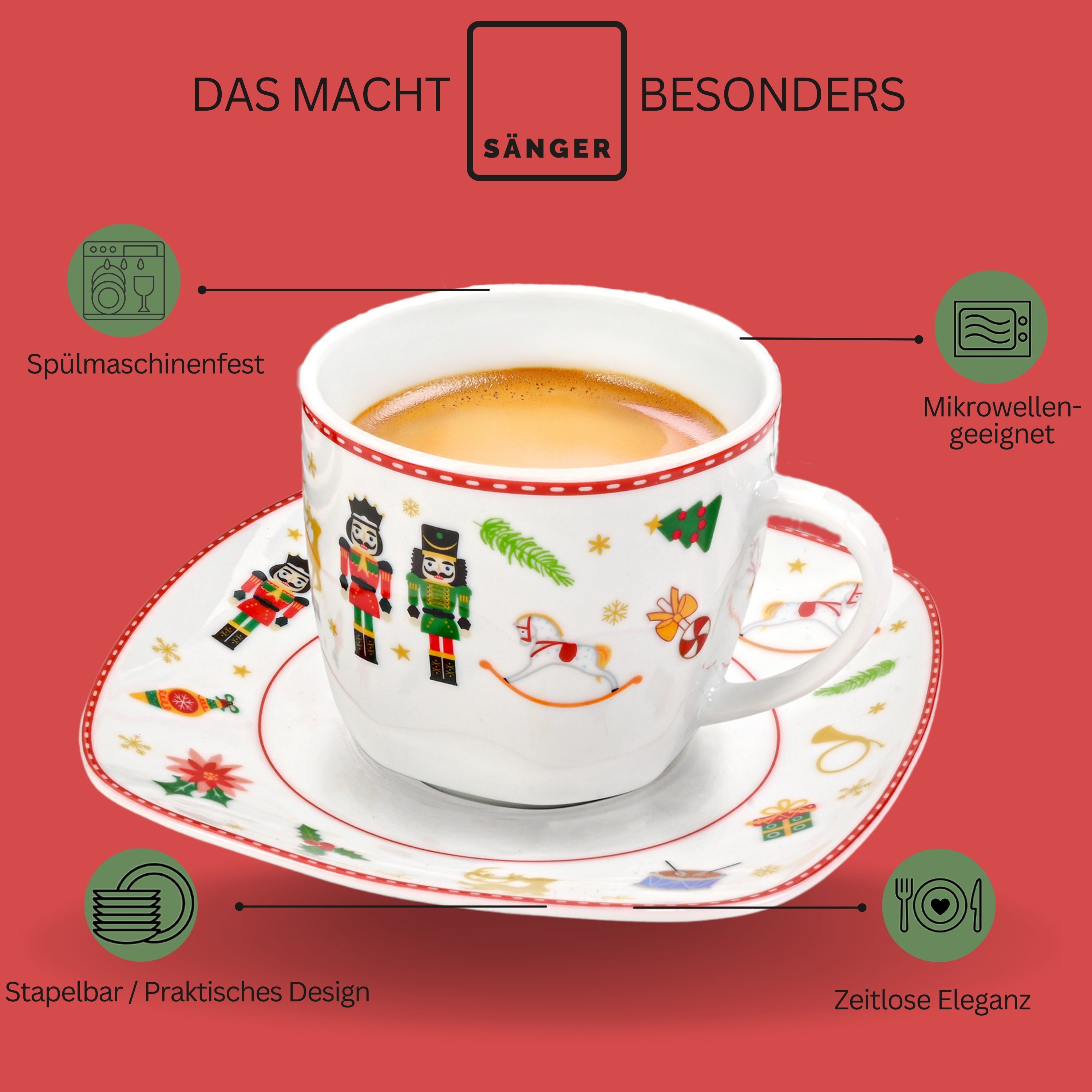 SÄNGER Kaffeetassen Set Bilgola Nussknacker Design 12 teilig für 6 Personen