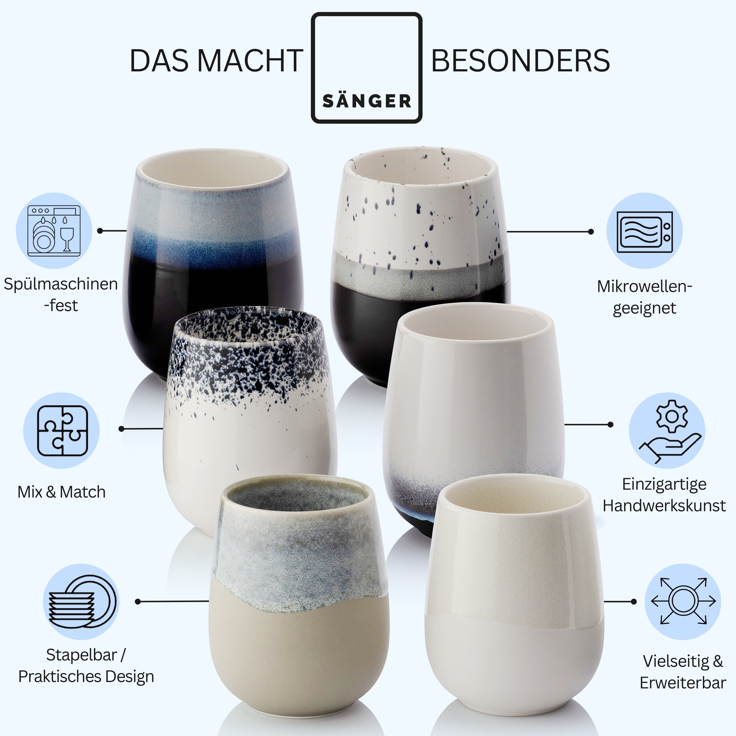 SÄNGER Steingut Kaffeebecher Siena 6 teilig 215 ml