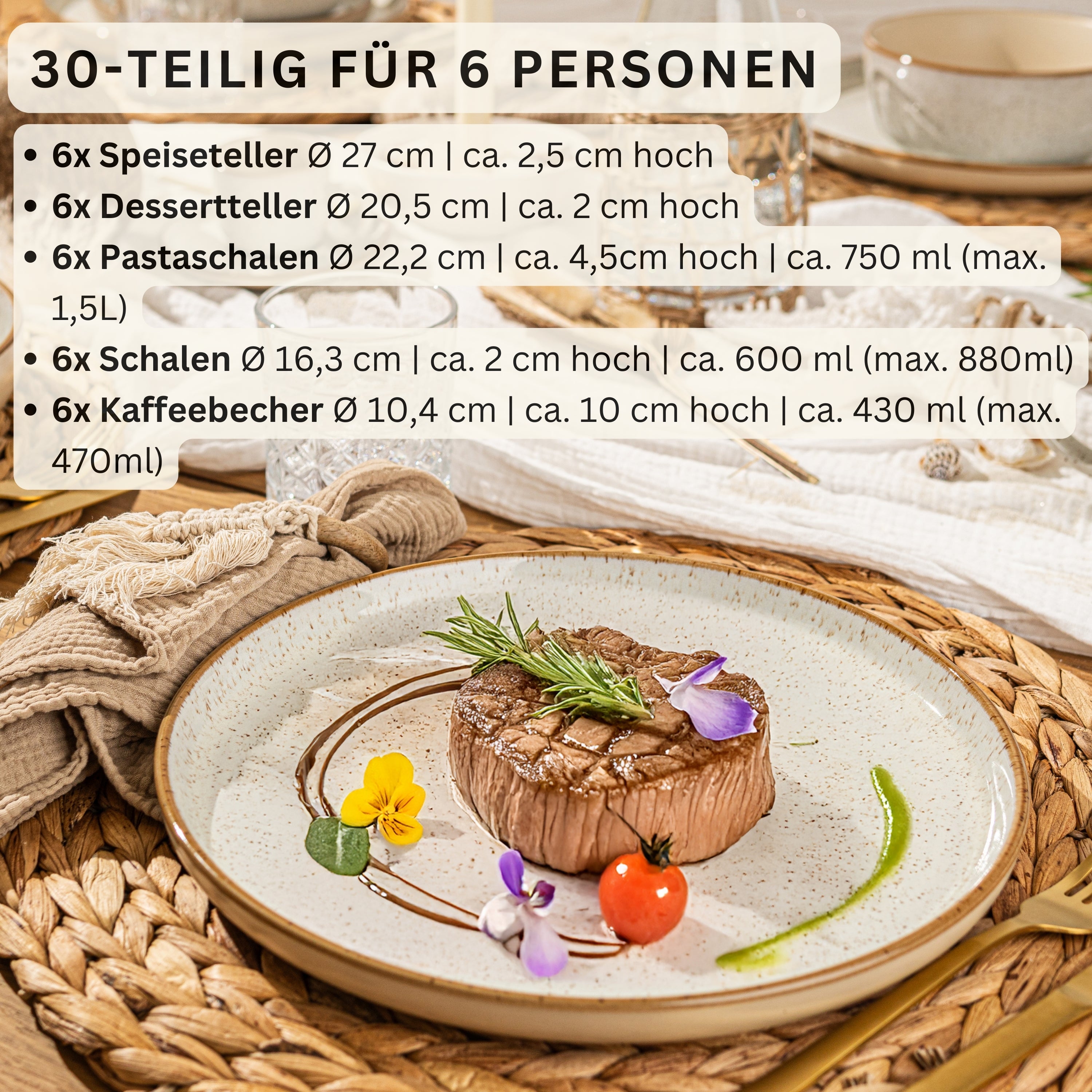 SÄNGER Steingut Geschirrset Rio Creme, Kombiservice 30 teilig für 6 Personen