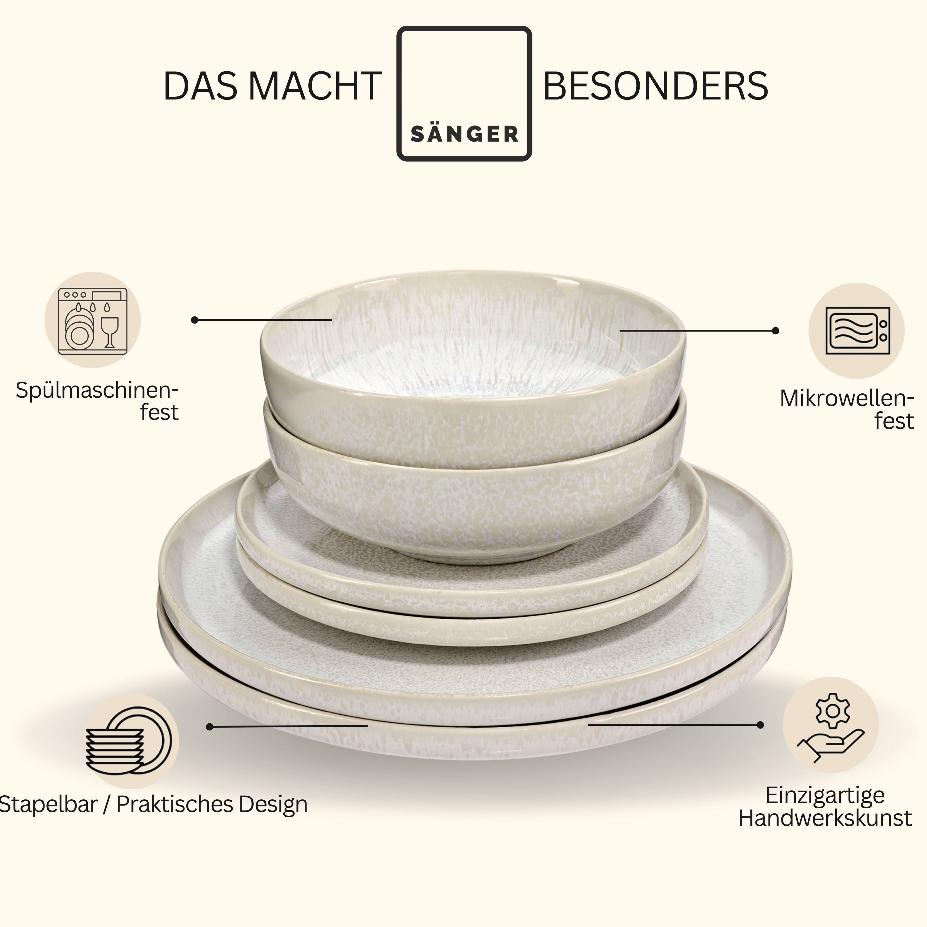 SÄNGER Steingut Geschirrset Korfu, Tafelservice 36 teilig für 12 Personen