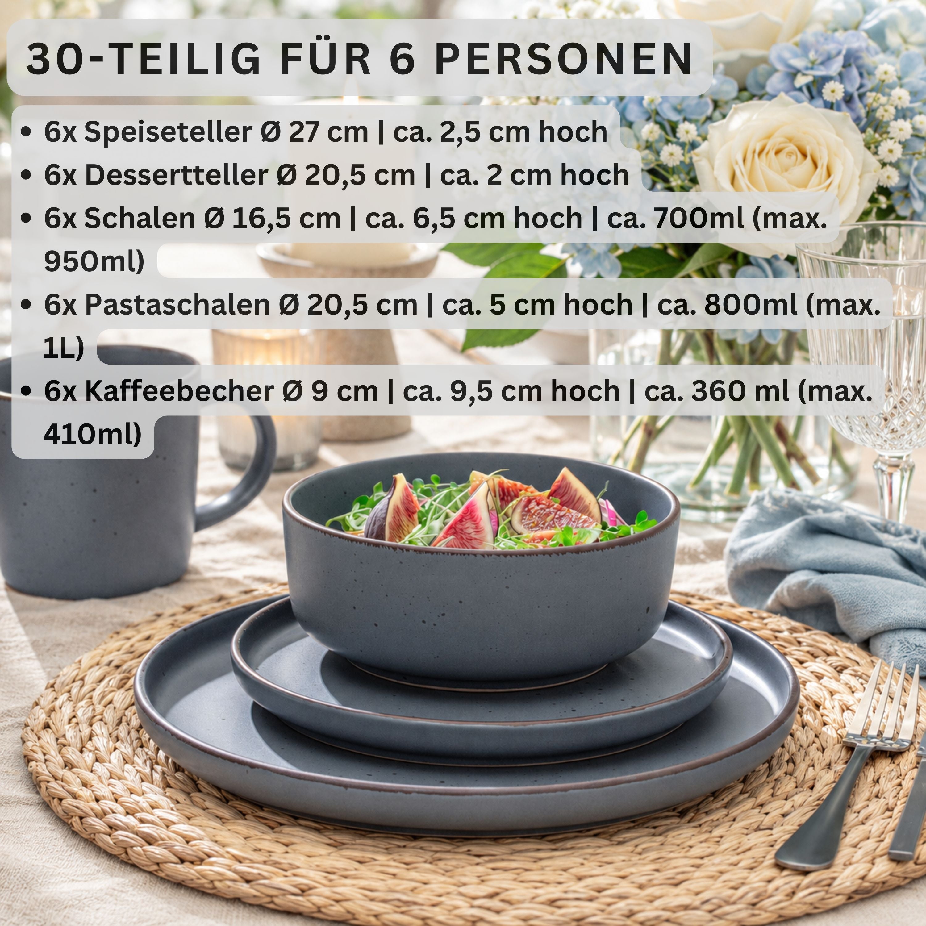 SÄNGER Steingut Geschirrset Bombay Graphit 30 teilig für 6 Personen
