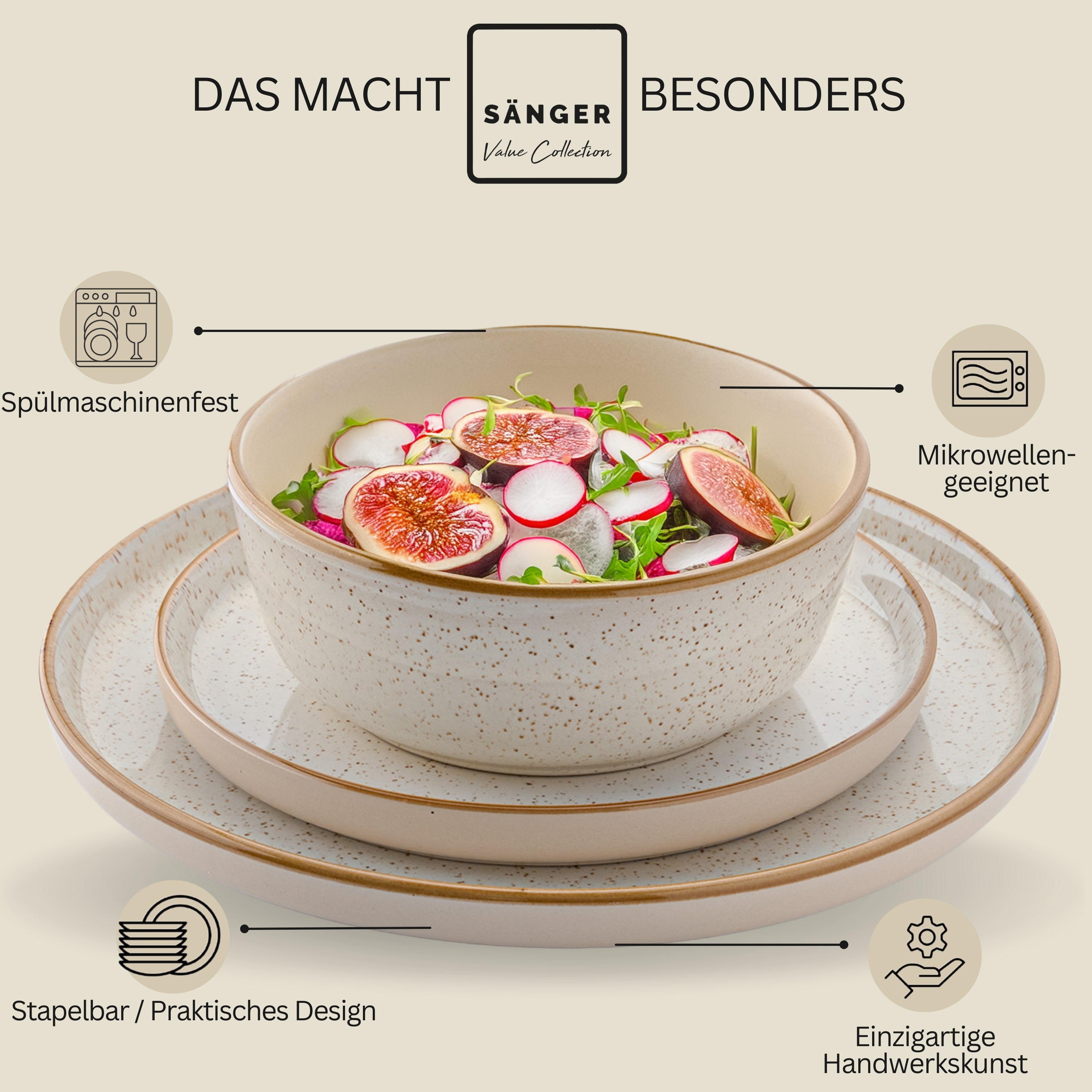 SÄNGER Steingut Geschirrset Rio Creme, Tafelservice 24 teilig für 6 Personen