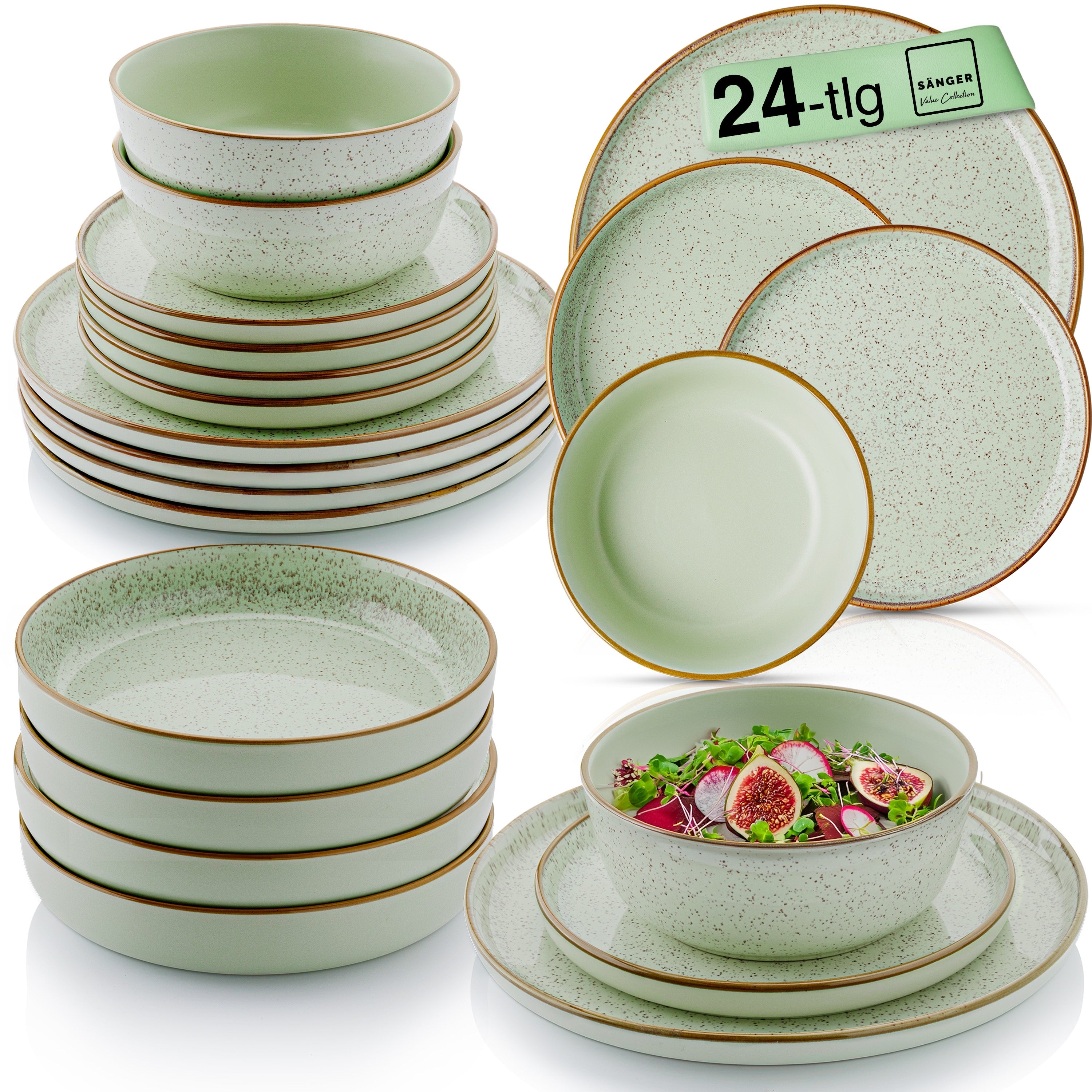 SÄNGER Steingut Geschirrset Rio Minze, Tafelservice 24 teilig für 6 Personen