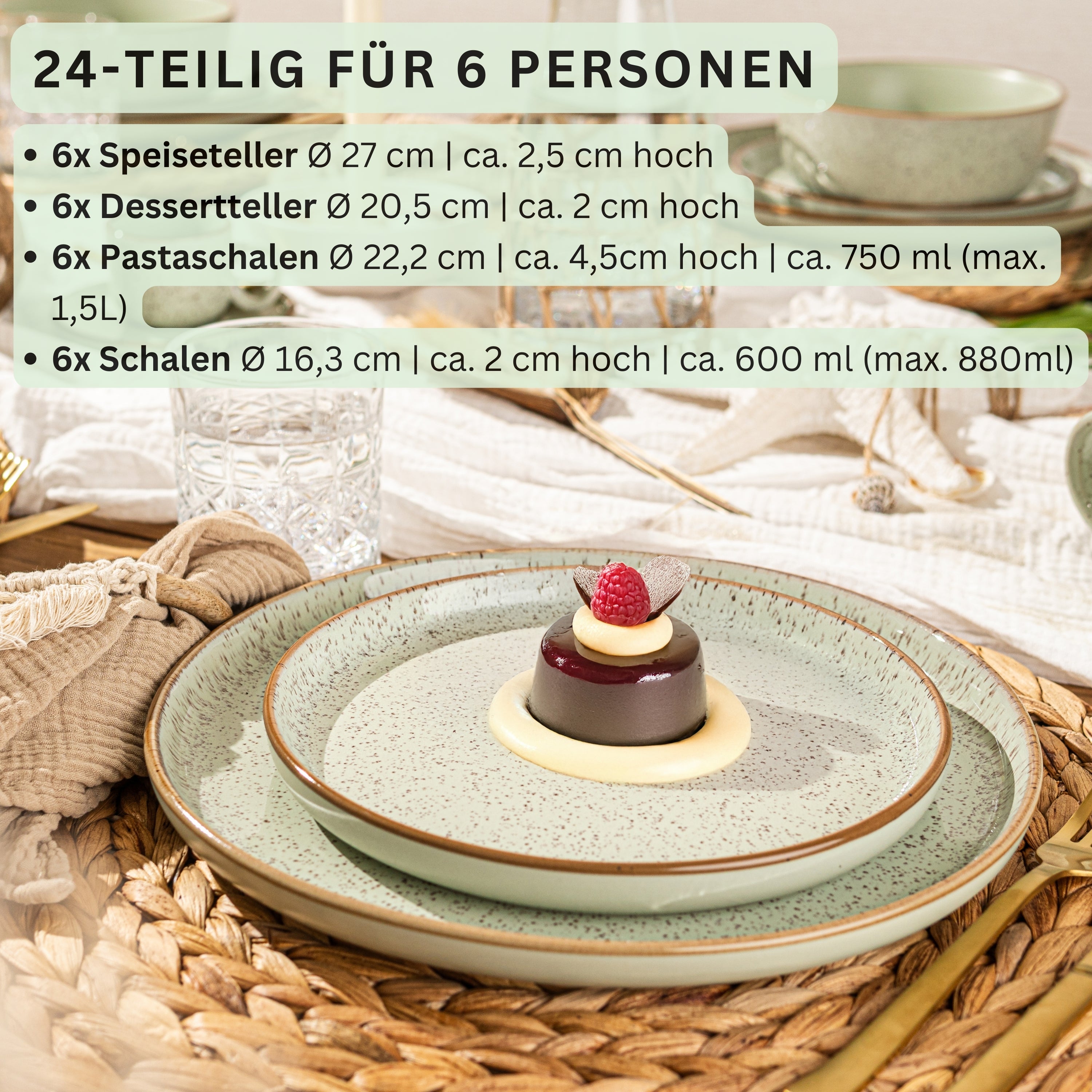 SÄNGER Steingut Geschirrset Rio Minze, Tafelservice 24 teilig für 6 Personen