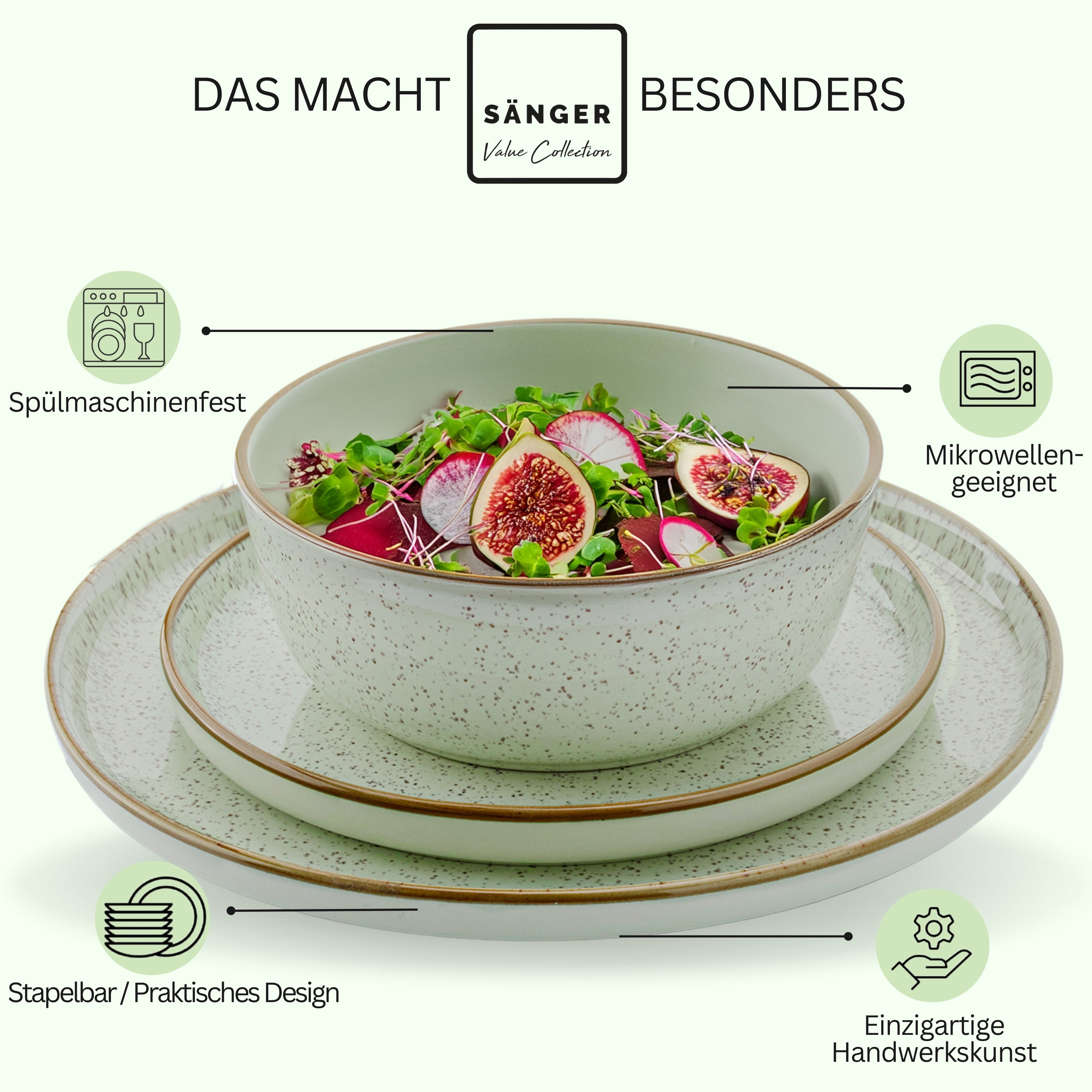 SÄNGER Steingut Geschirrset Rio Minze, Kombiservice 30 teilig für 6 Personen