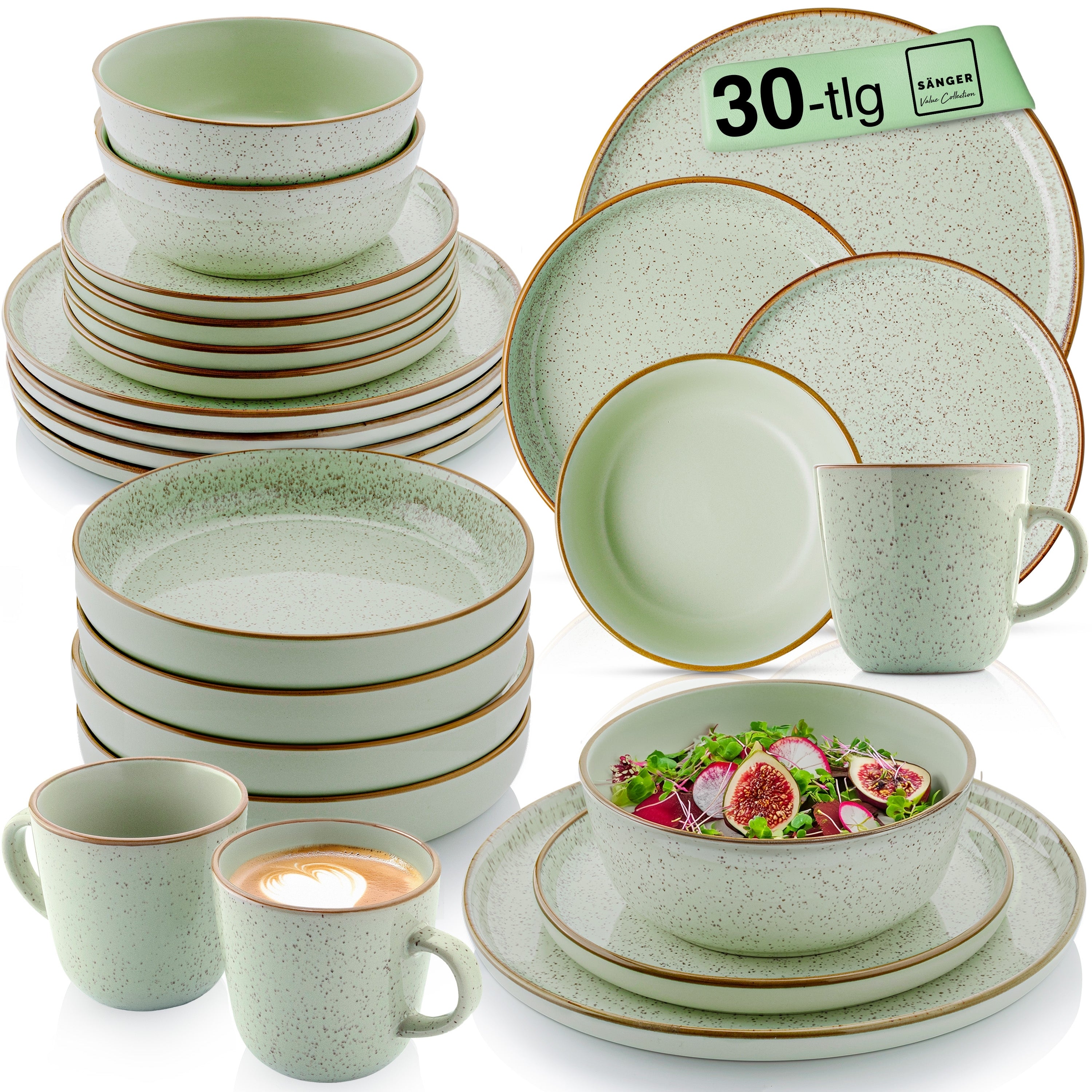 SÄNGER Steingut Geschirrset Rio Minze, Kombiservice 30 teilig für 6 Personen