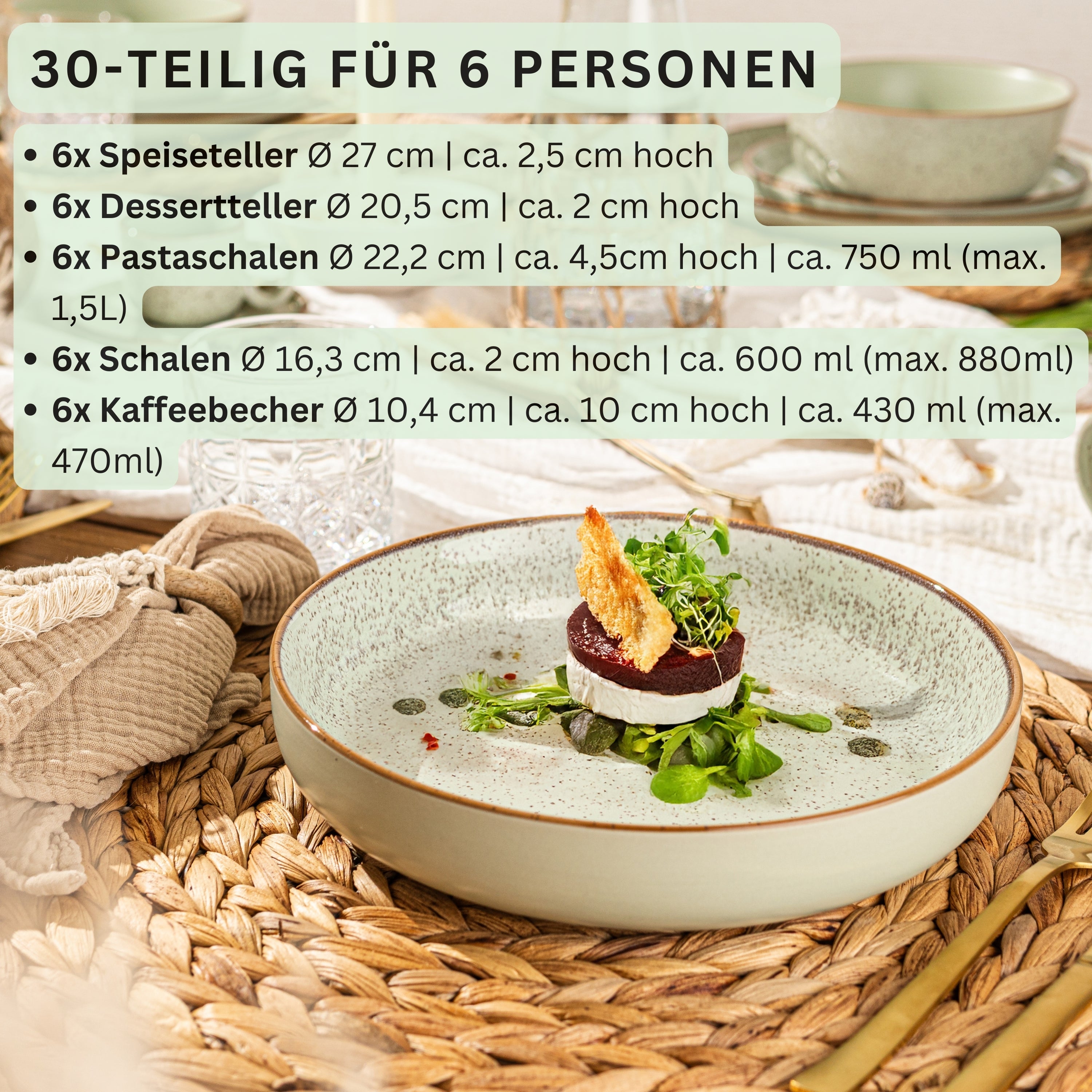 SÄNGER Steingut Geschirrset Rio Minze, Kombiservice 30 teilig für 6 Personen