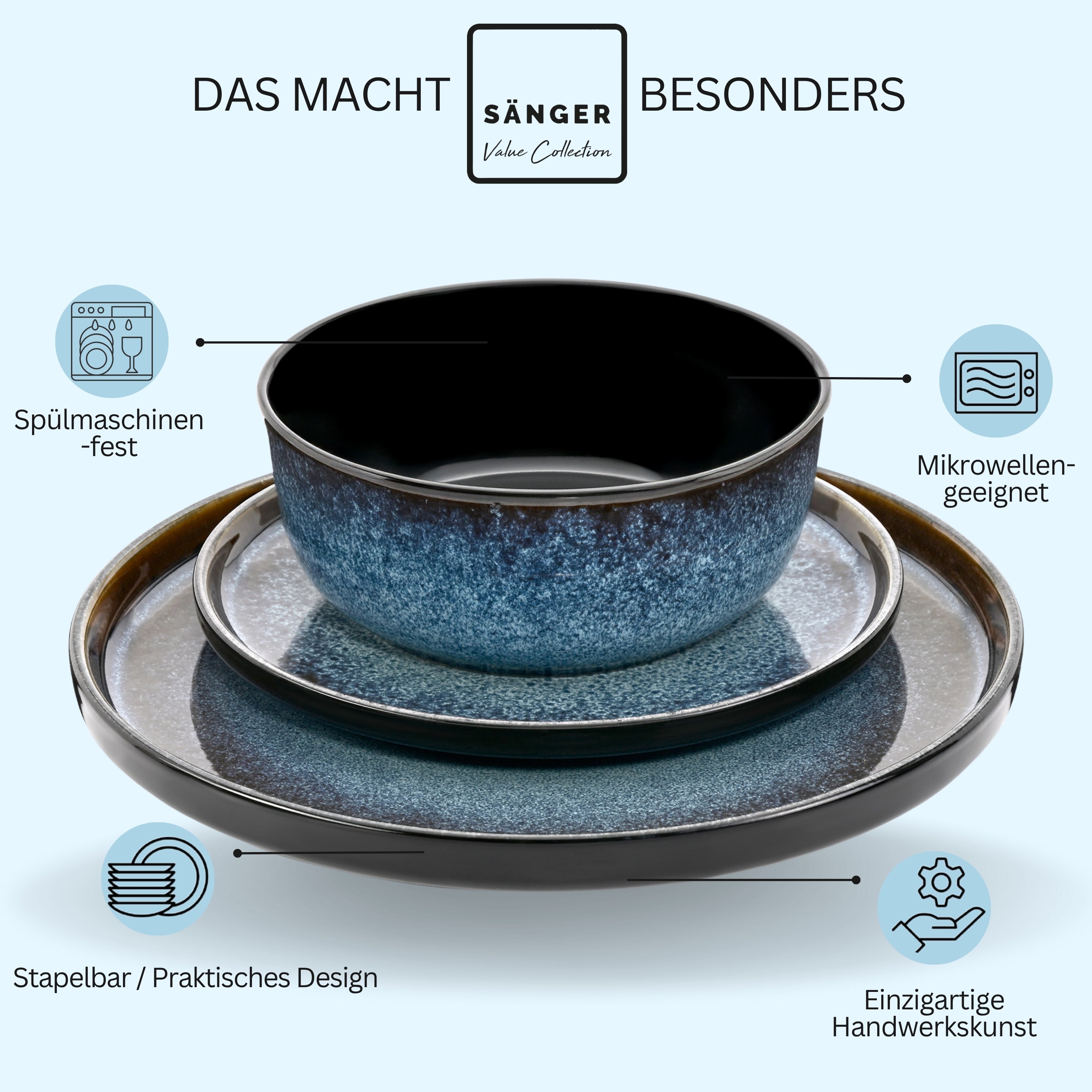 SÄNGER Steingut Geschirrset Osaka, Tafelservice 24 teilig für 6 Personen