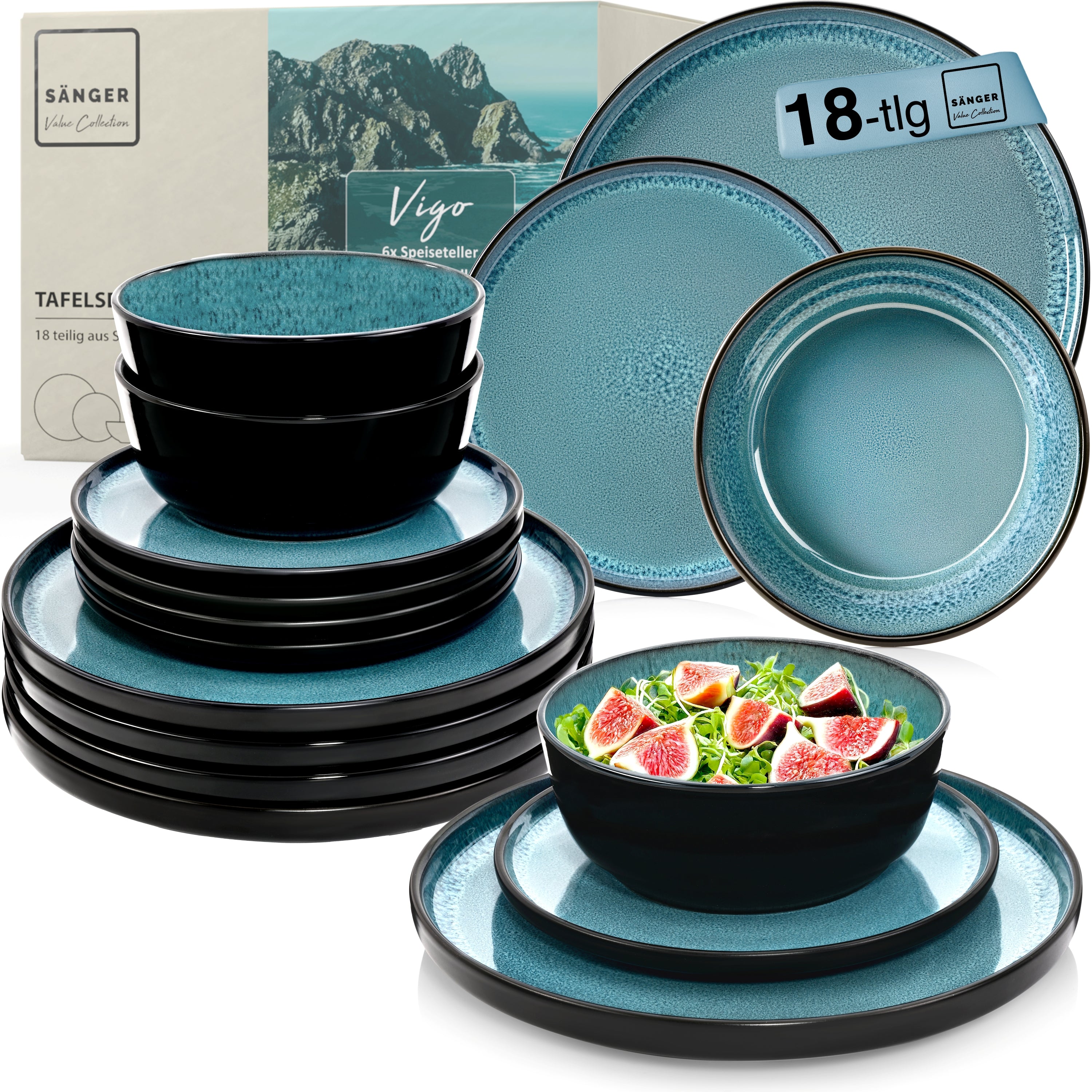 SÄNGER Steingut Geschirrset Vigo, Tafelservice 18 teilig für 6 Personen