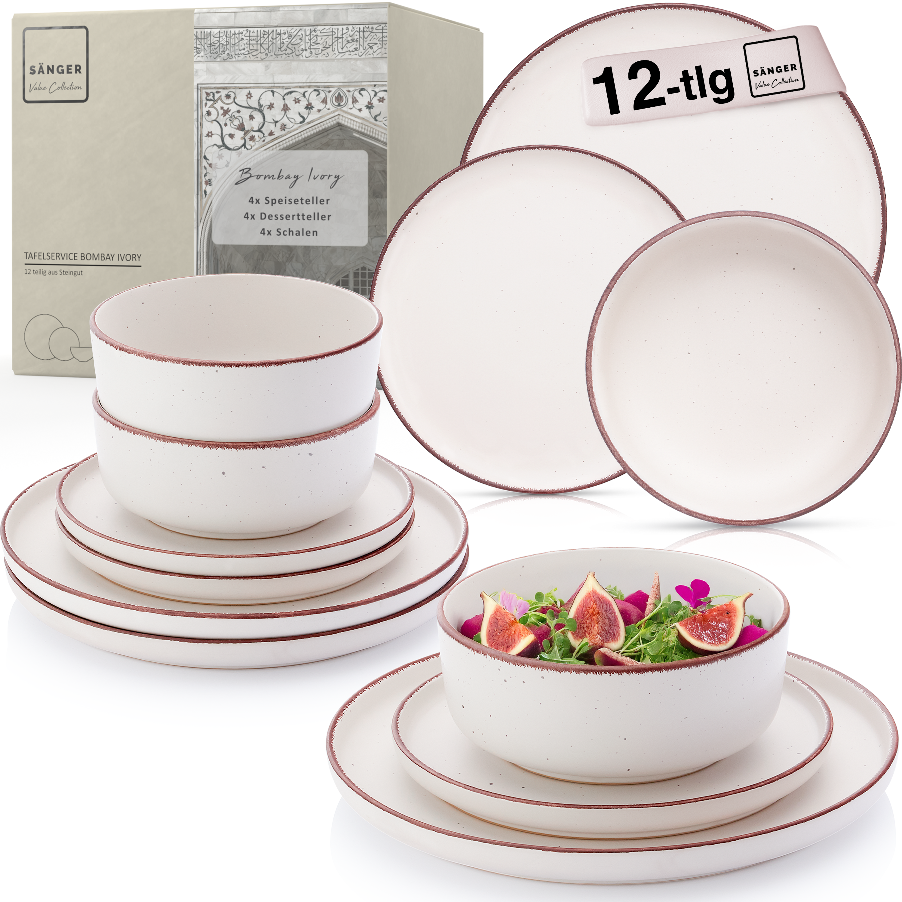 SÄNGER Steingut Geschirrset Bombay Ivory 12 teilig für 4 Personen