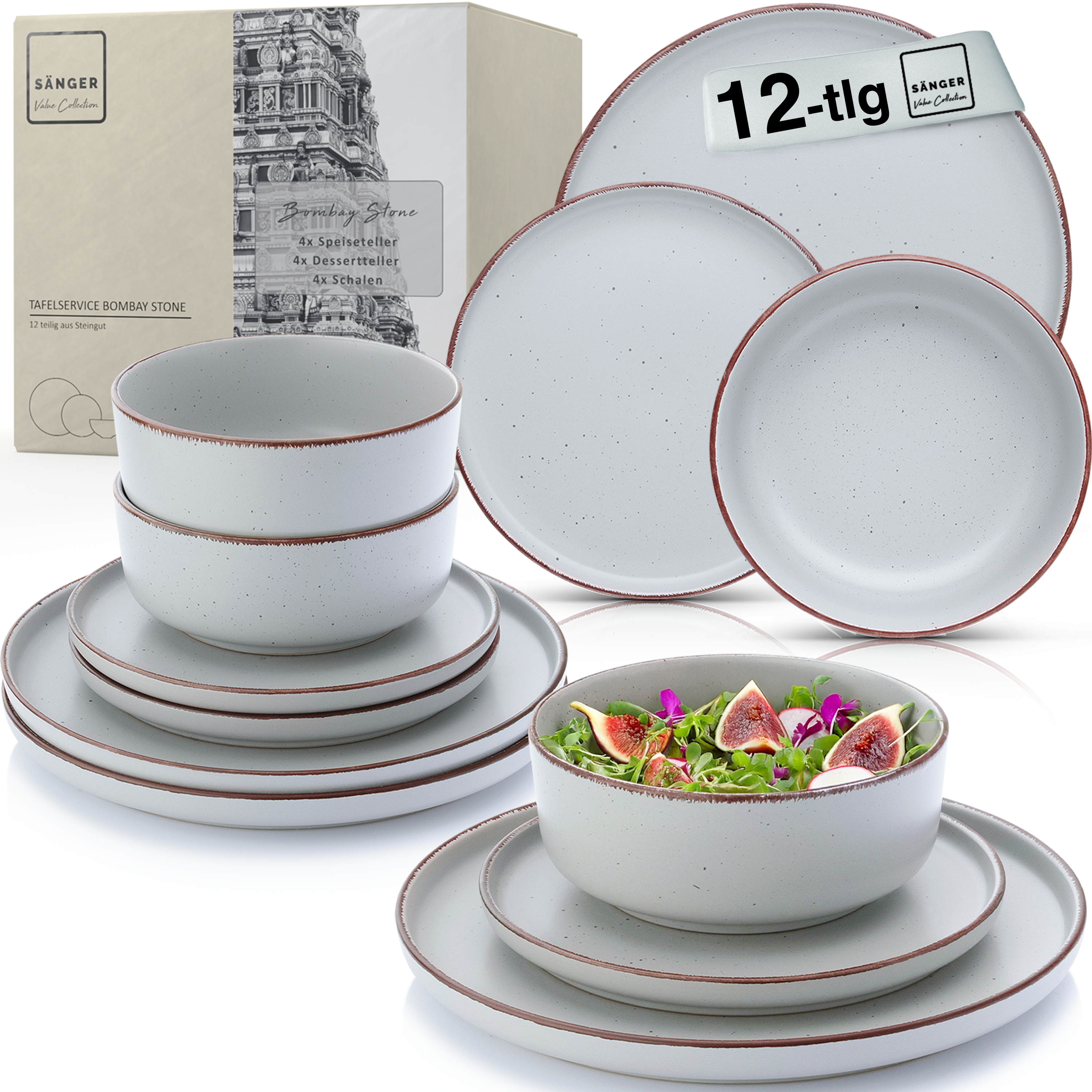 SÄNGER Steingut Geschirrset Bombay Stone 12 teilig für 4 Personen