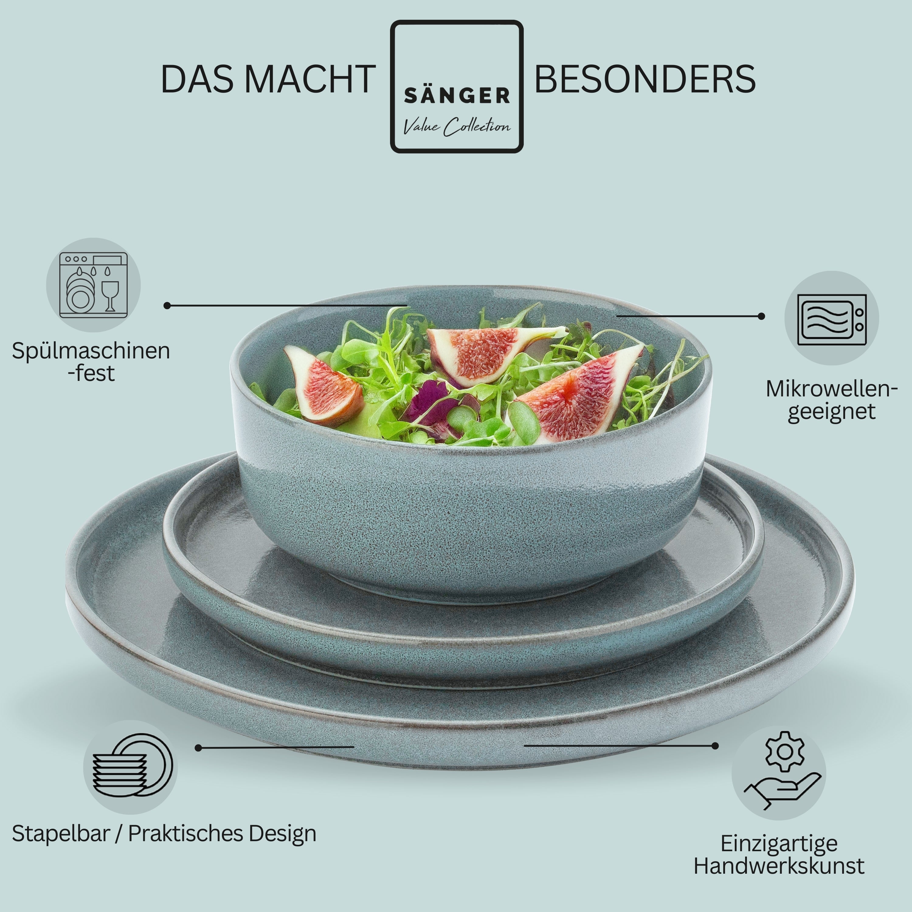 SÄNGER Stoneware Dinnerware Set Cairo Ocean 24-Piece for 6 People
