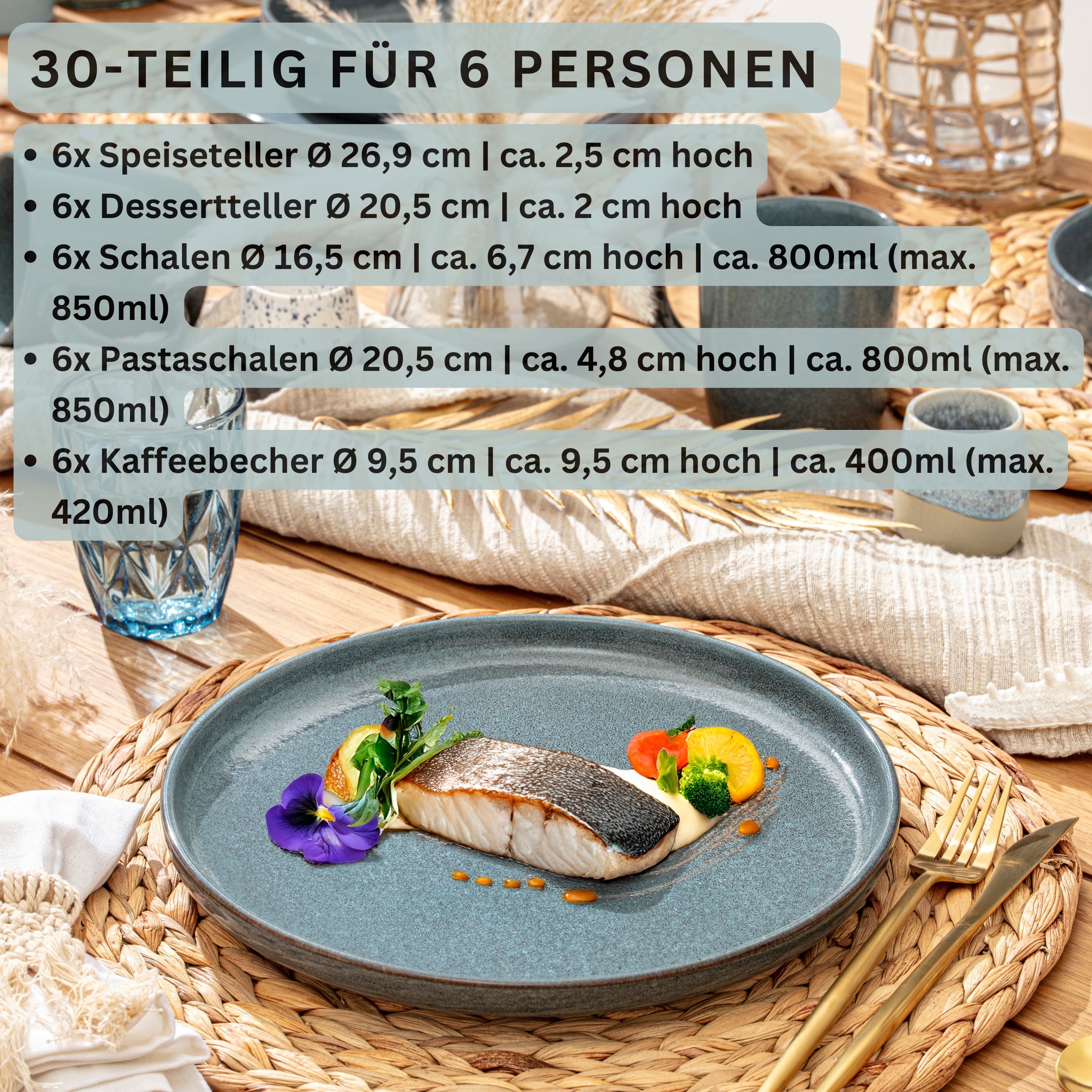 SÄNGER Steingut Geschirrset Kairo Ocean 30 teilig für 6 Personen