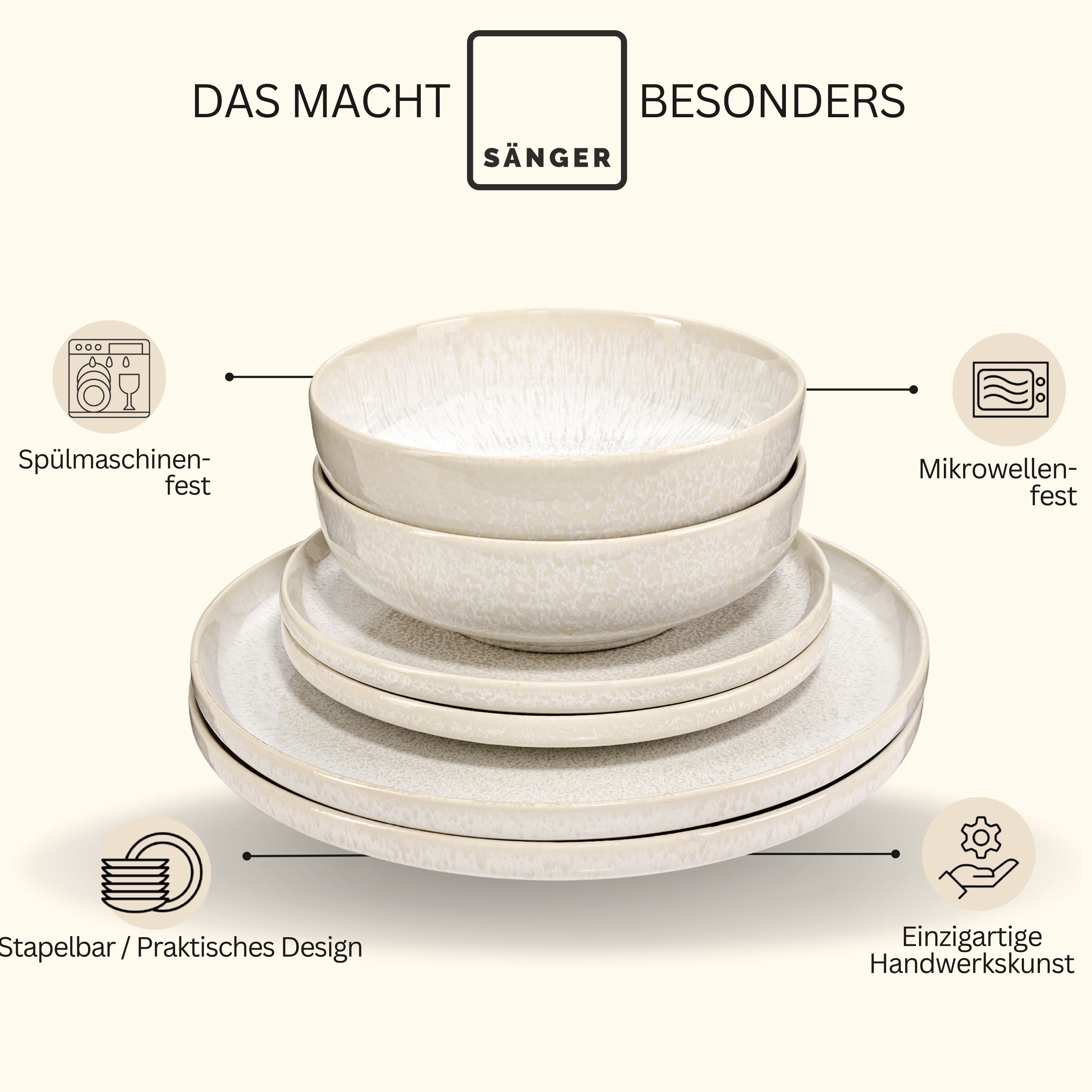 SÄNGER Steingut Geschirrset Korfu,Tafelservice 16 teilig für 4 Personen