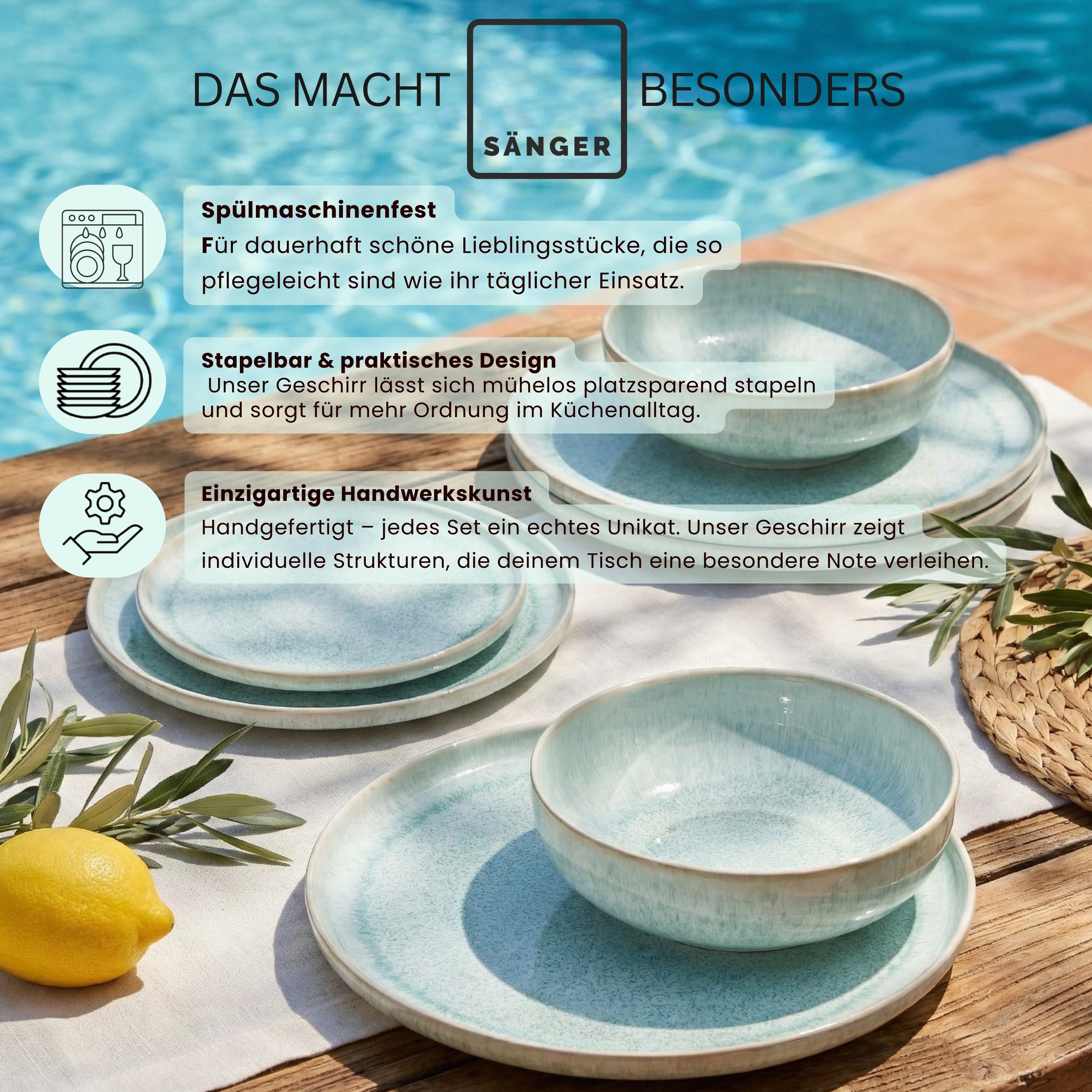 SÄNGER Steingut Geschirrset Paros, Tafelservice 12 teilig für 4 Personen