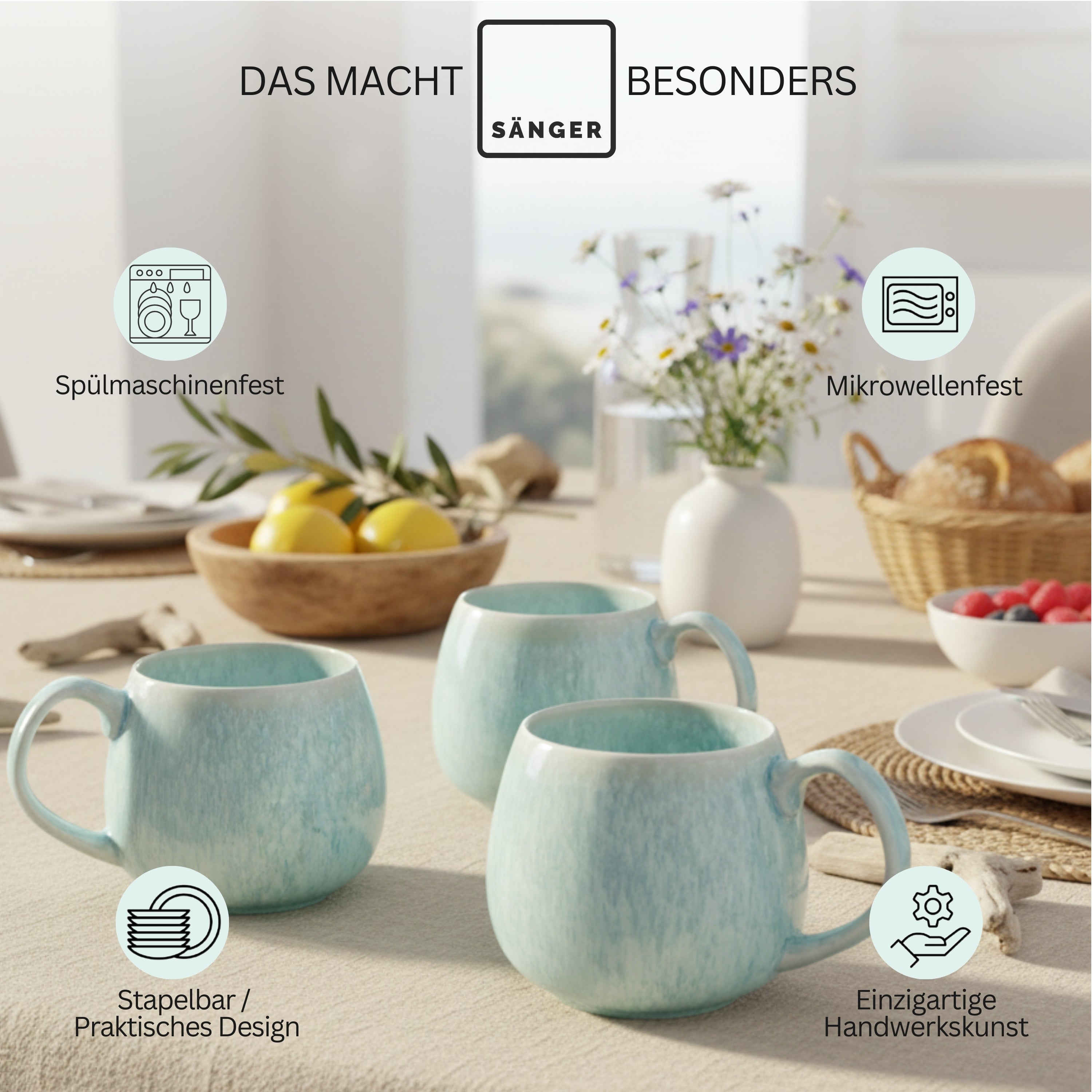 SÄNGER Steingut Geschirrset Paros, Kombiservice 16 teilig für 4 Personen