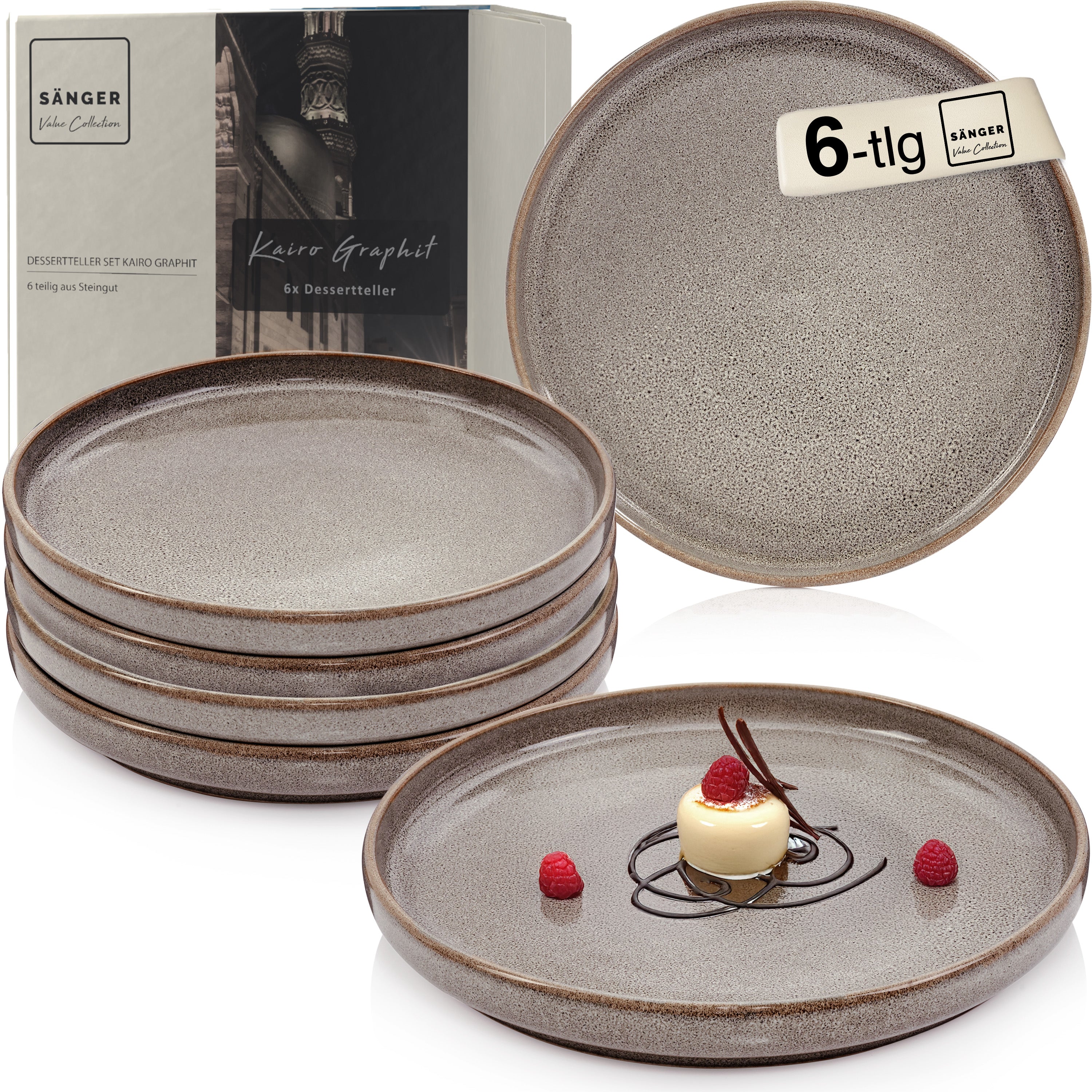 SÄNGER Dessertteller Set Kairo Graphit - 6 teilig aus Steingut