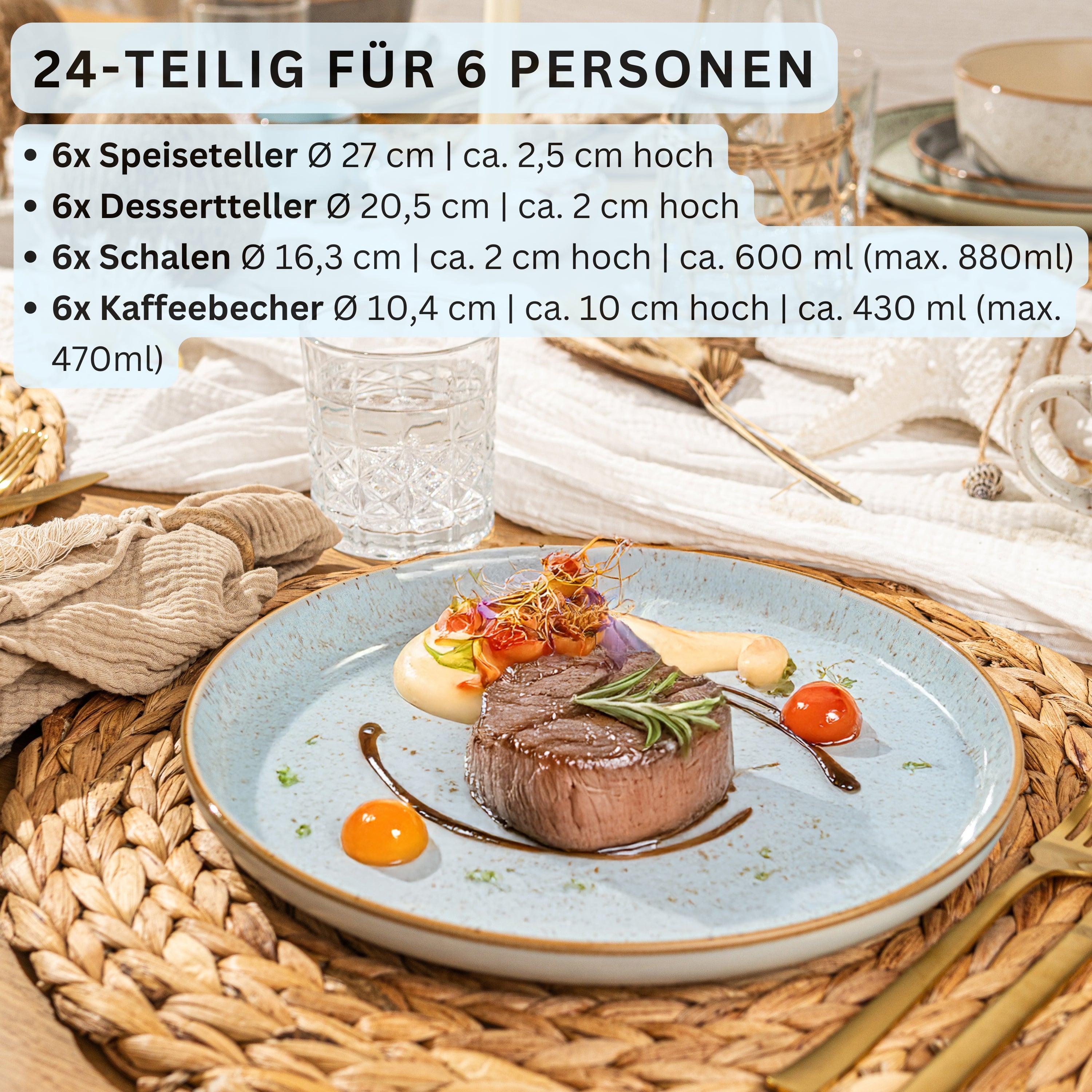 SÄNGER Steingut Geschirrset Rio Lagune, Kombiservice 24 teilig für 6 Personen