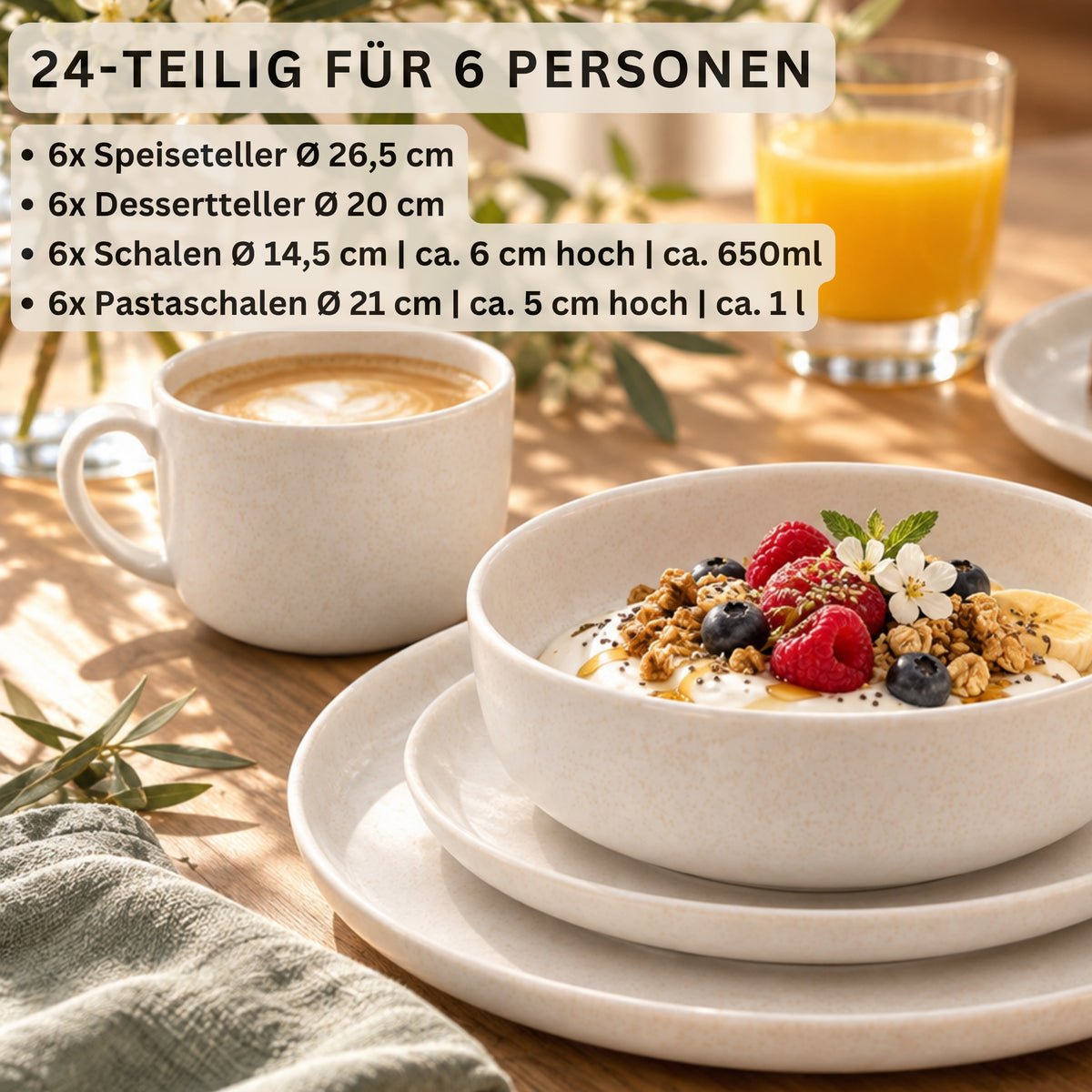 SÄNGER Steingut Geschirrset Salina, Tafelservice 24 teilig für 6 Personen