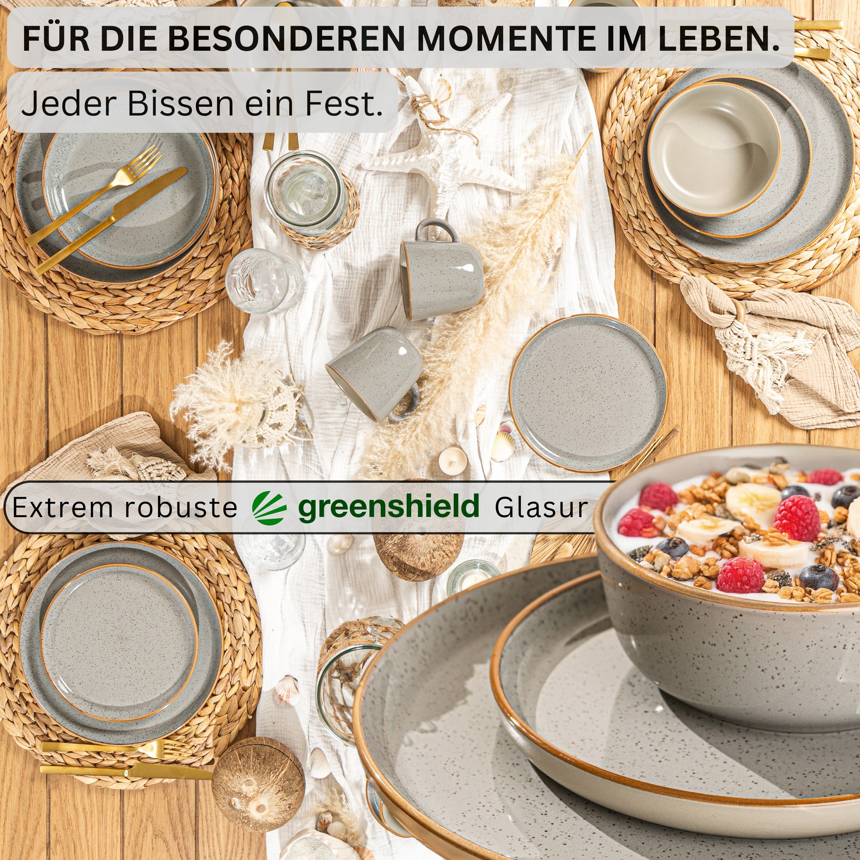 SÄNGER Steingut Geschirrset Rio Perlgrau, Tafelservice 24 teilig für 6 Personen