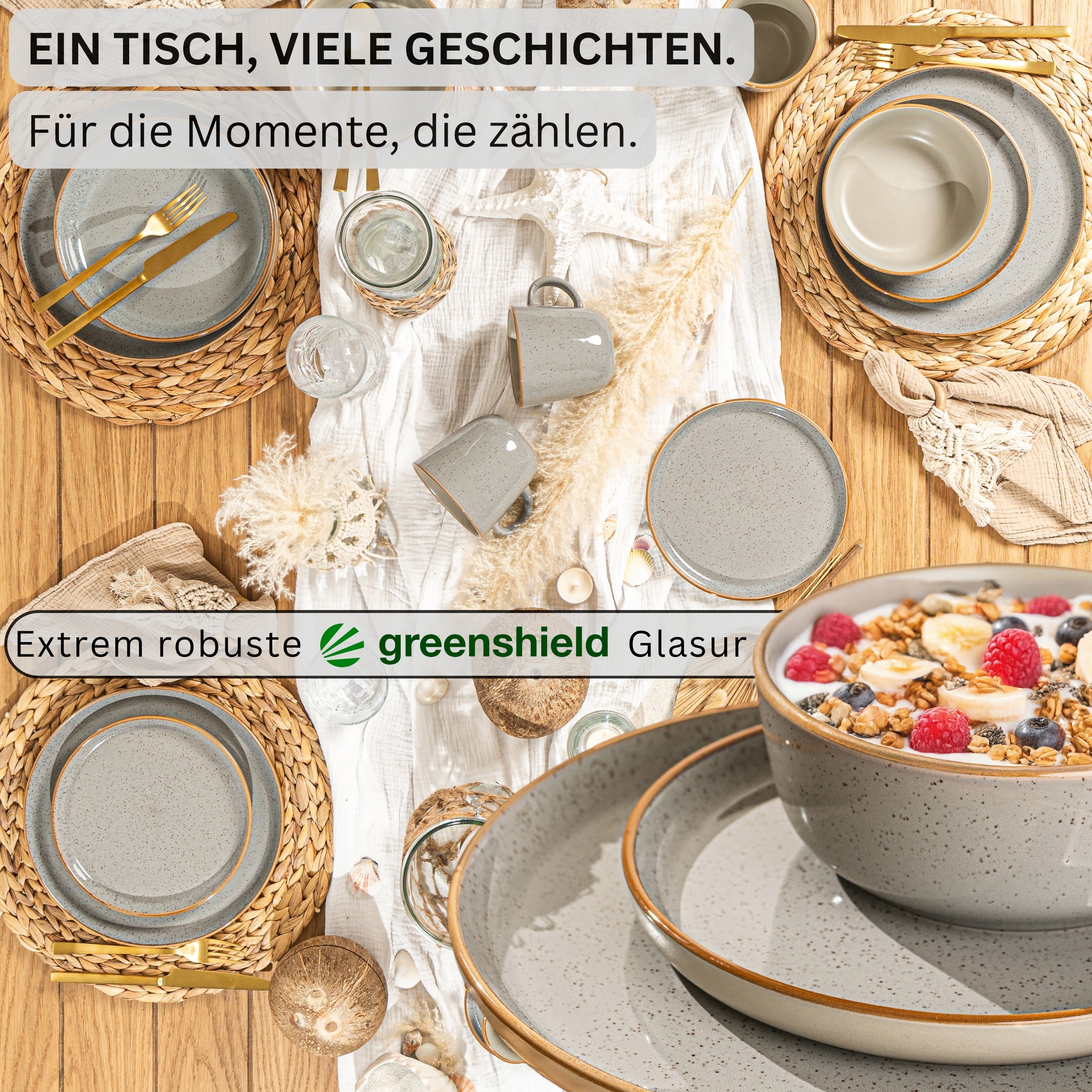 SÄNGER Steingut Geschirrset Rio Perlgrau, Kombiservice 30 teilig für 6 Personen