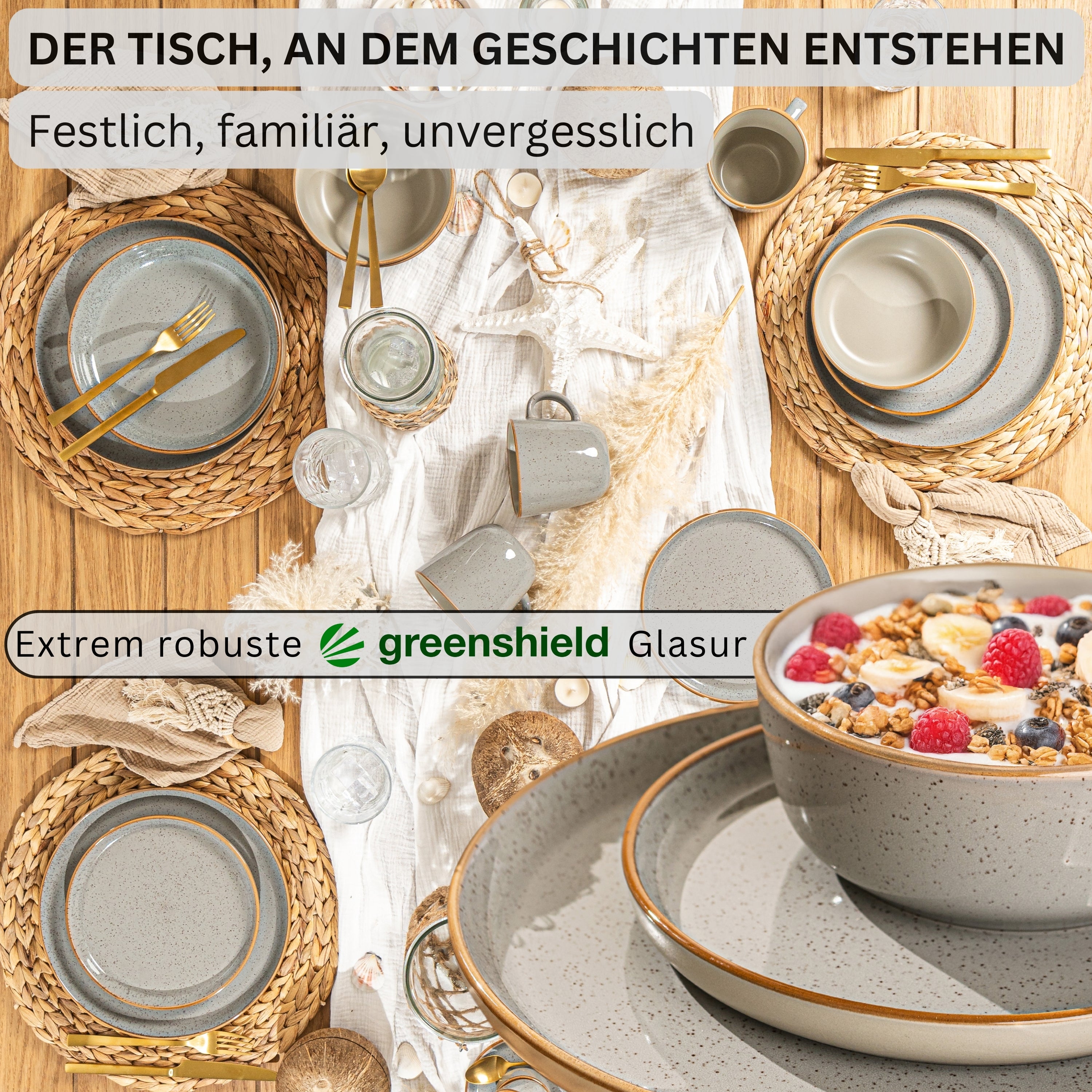 SÄNGER Stoneware Dinnerware Set Rio Pearl Gray, 12-Piece Dinner Set for 4 People