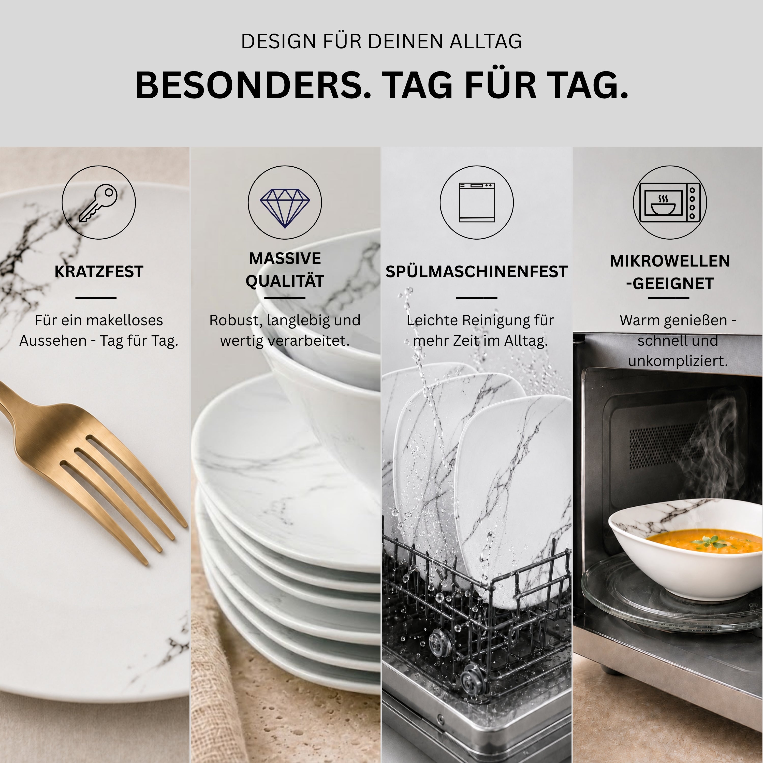 SÄNGER Porcelain Dinnerware Set Bilgola Marble, Dinner Service 24 Pieces for 6 People