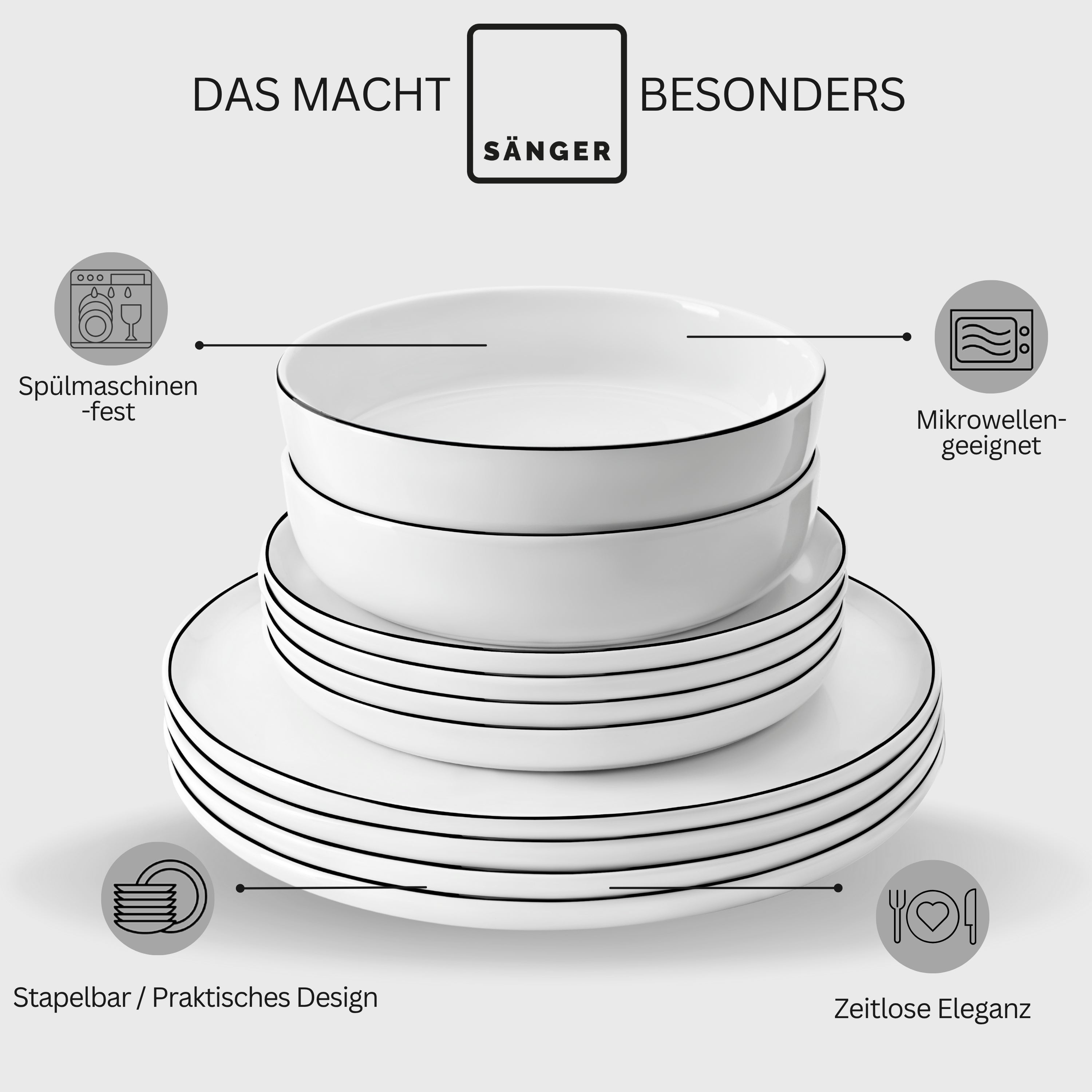 SÄNGER Porzellan Geschirrset Marlo Black Rim 18-teilig für 6 Personen