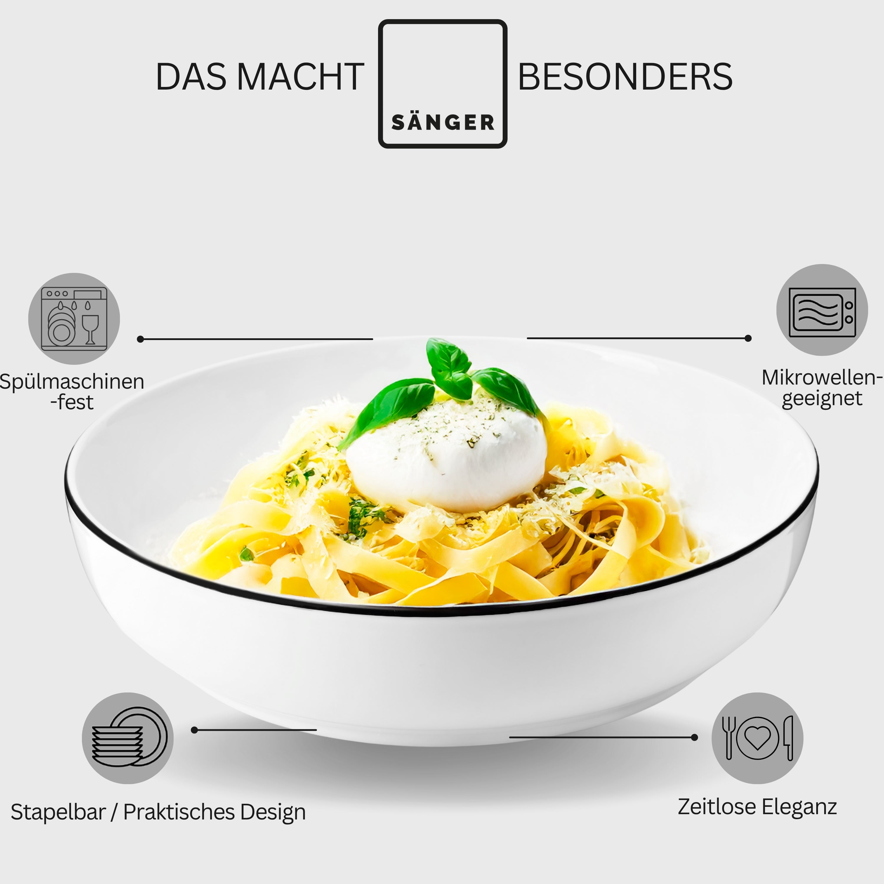SÄNGER Porzellan Pastaschalen Marlo Black Rim 6-teilig für 6 Personen