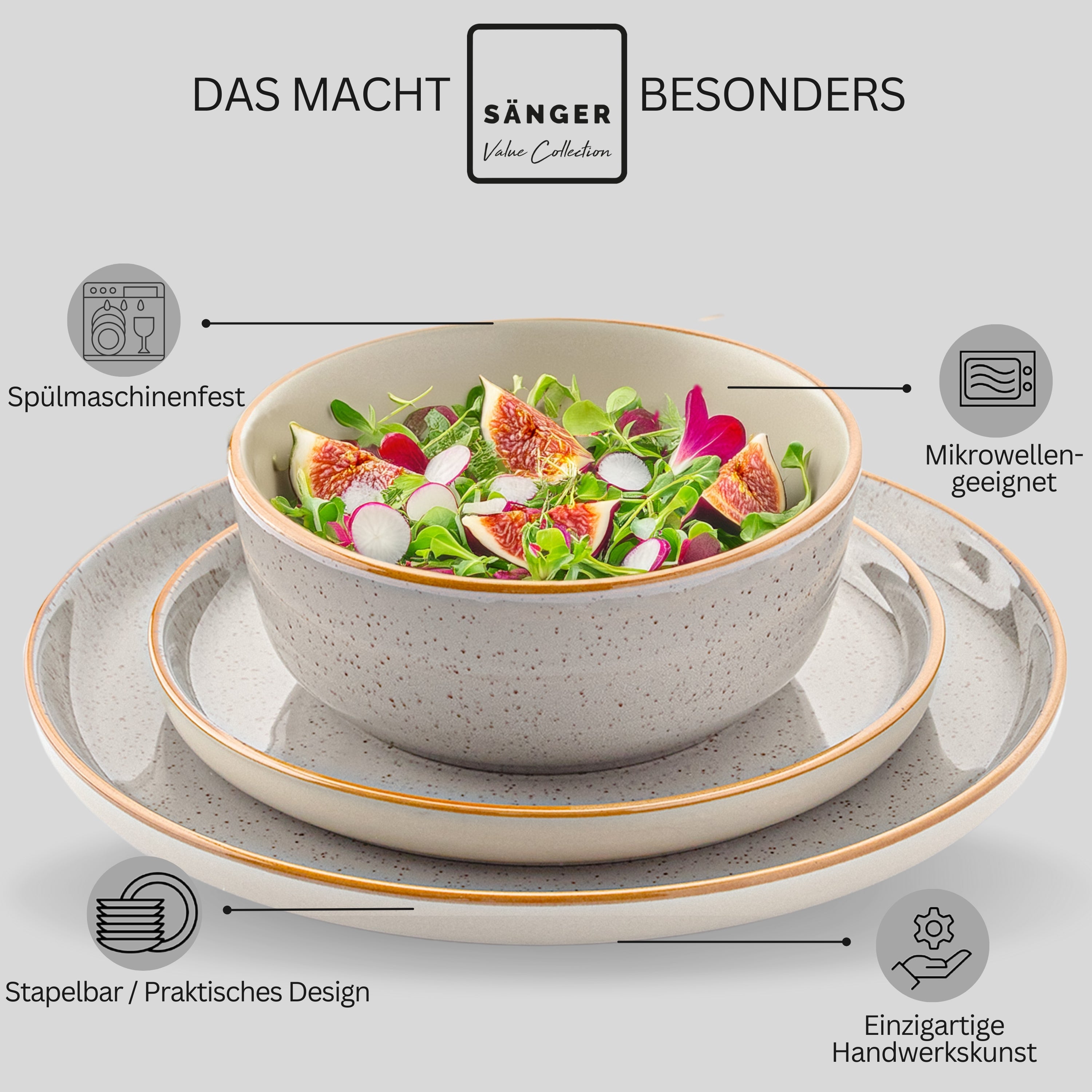 SÄNGER Steingut Geschirrset Rio Perlgrau, Tafelservice 16 teilig für 4 Personen