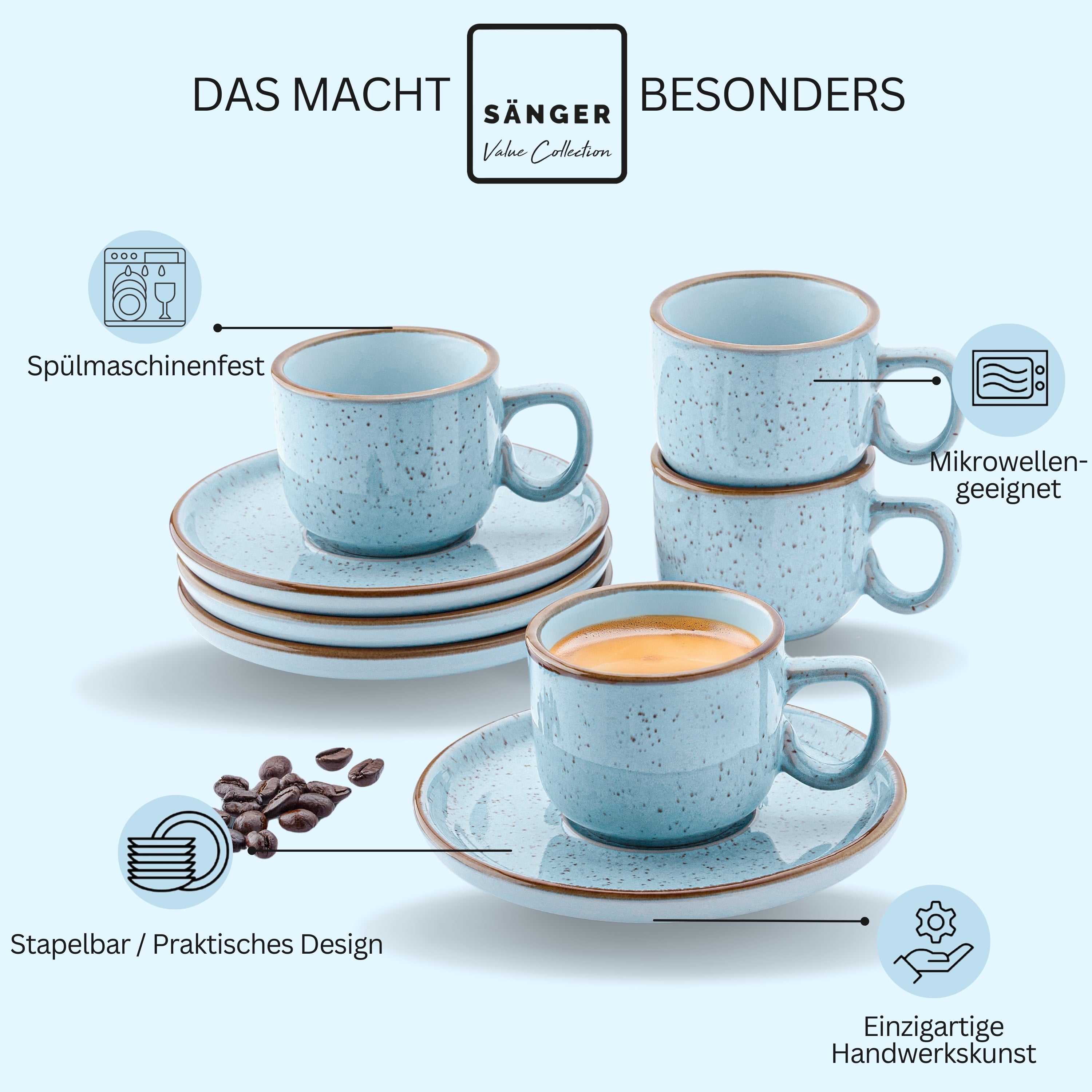SÄNGER Espressotassen Set Rio Lagune 8 teilig für 4 Personen