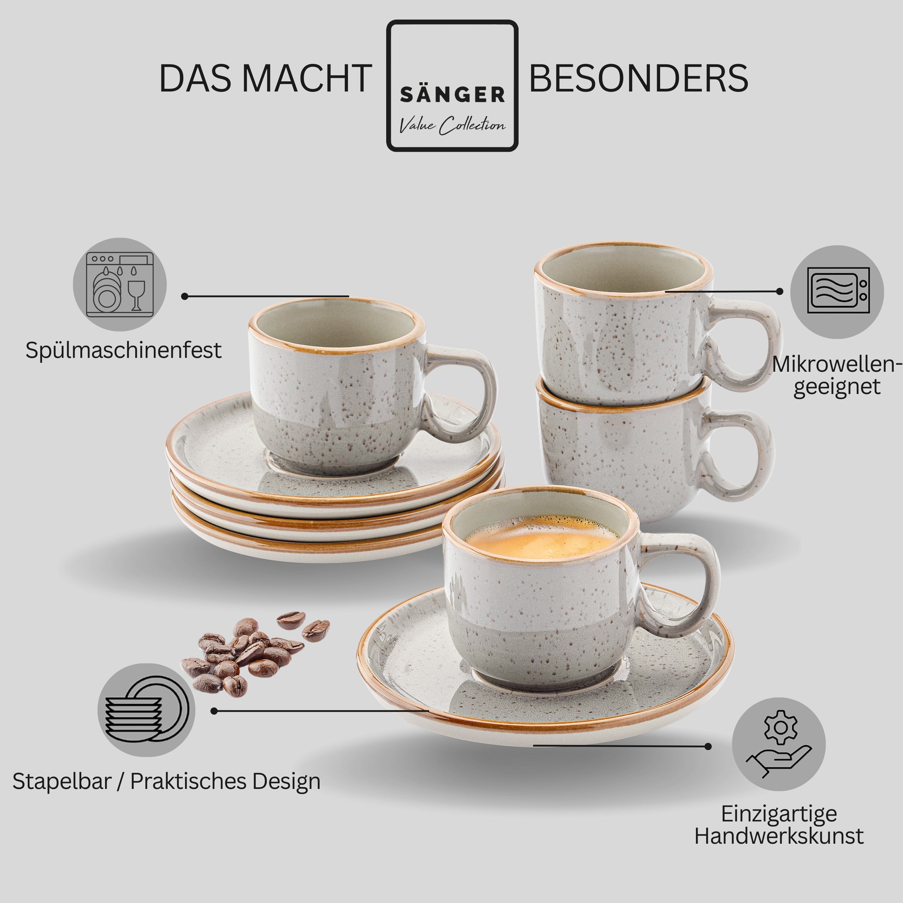 SÄNGER Espresso Cup Set Rio Pearl Grey 8-piece for 4 people