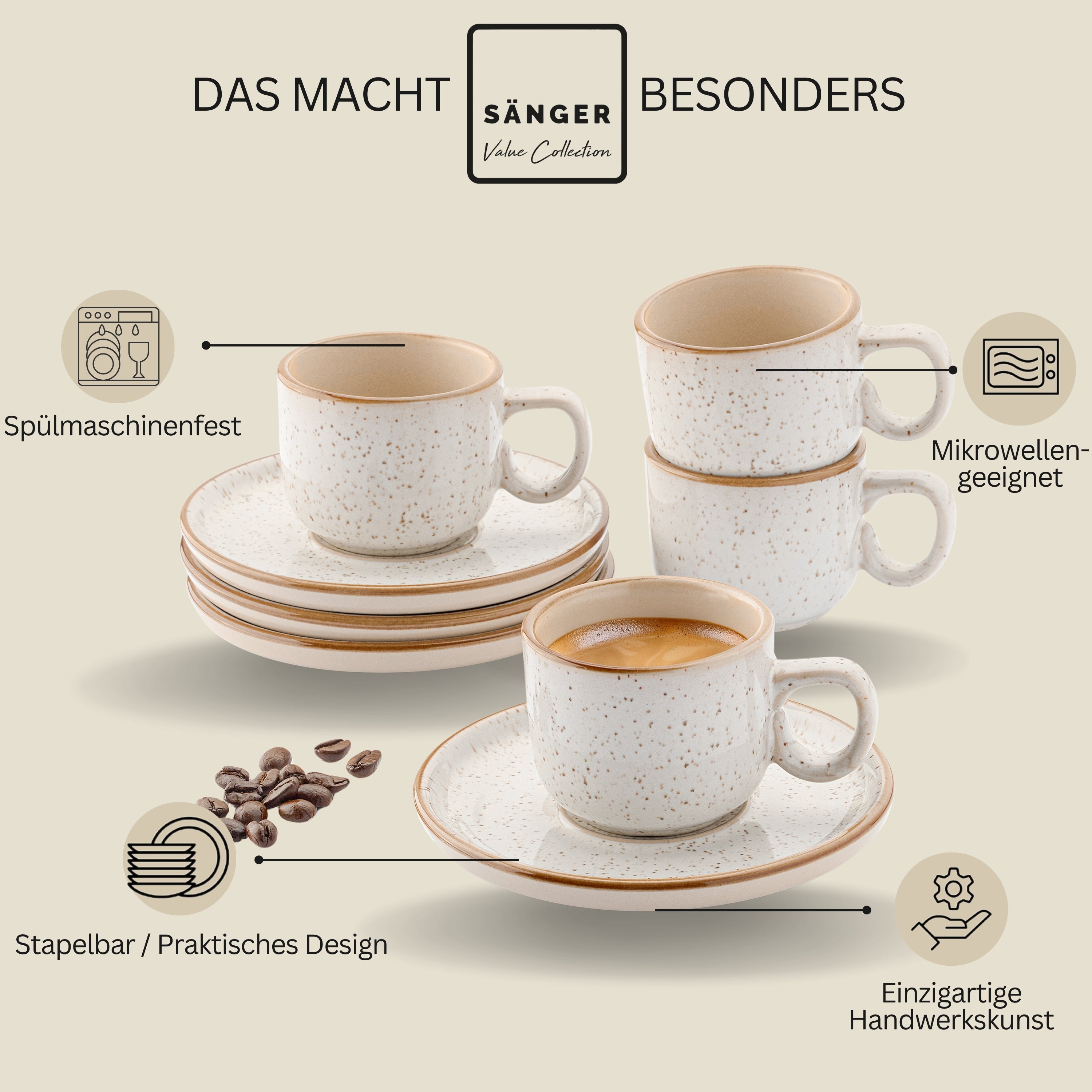 SÄNGER Espressotassen Set Rio Creme 8 teilig für 4 personen