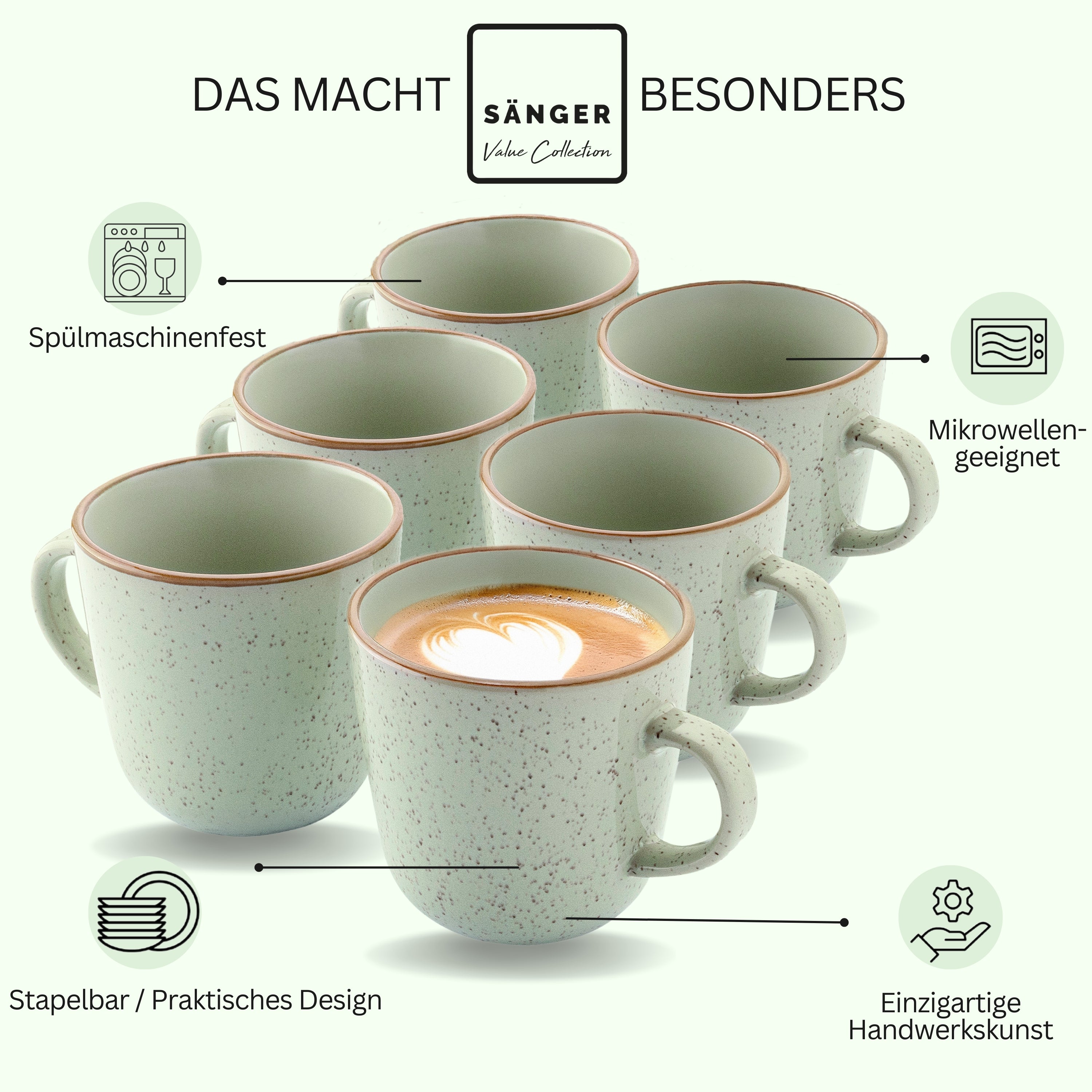 SÄNGER Kaffeebecher Set Rio Minze- 6 teilig aus Steingut