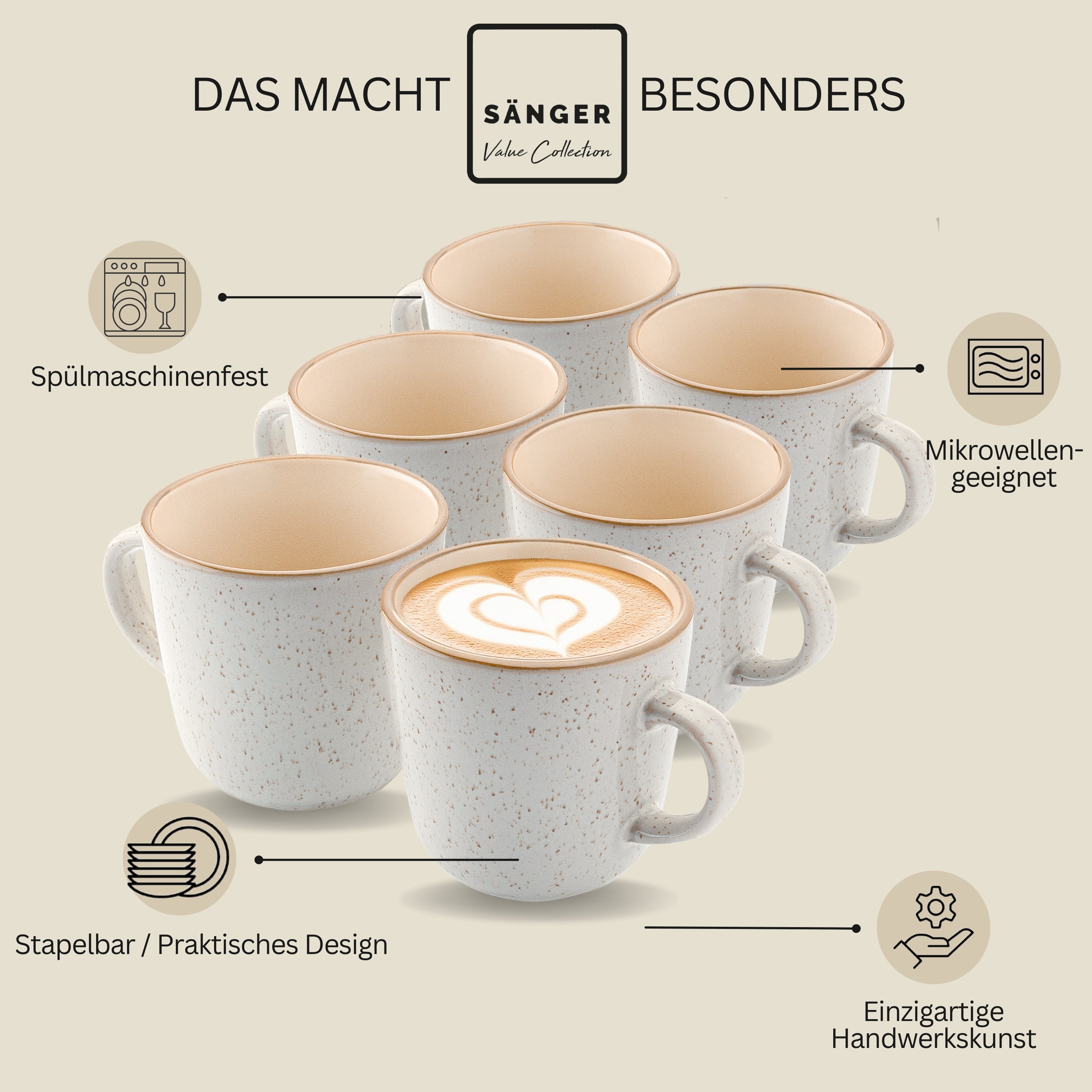 SÄNGER Kaffeebecher Set Rio Creme- 6 teilig aus Steingut