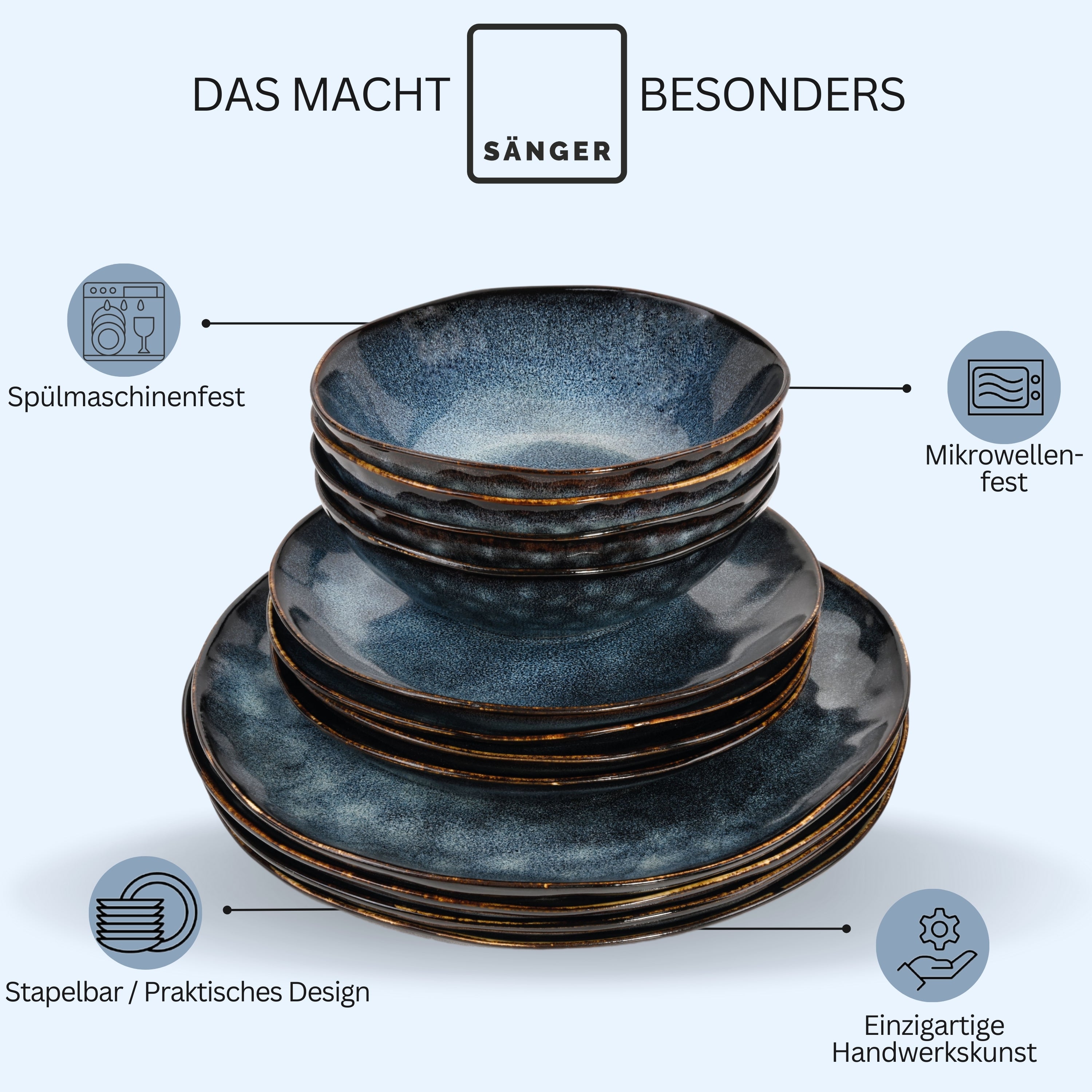 SÄNGER Steingut Geschirrset Tokio, Tafelservice 24 teilig für 8 Personen