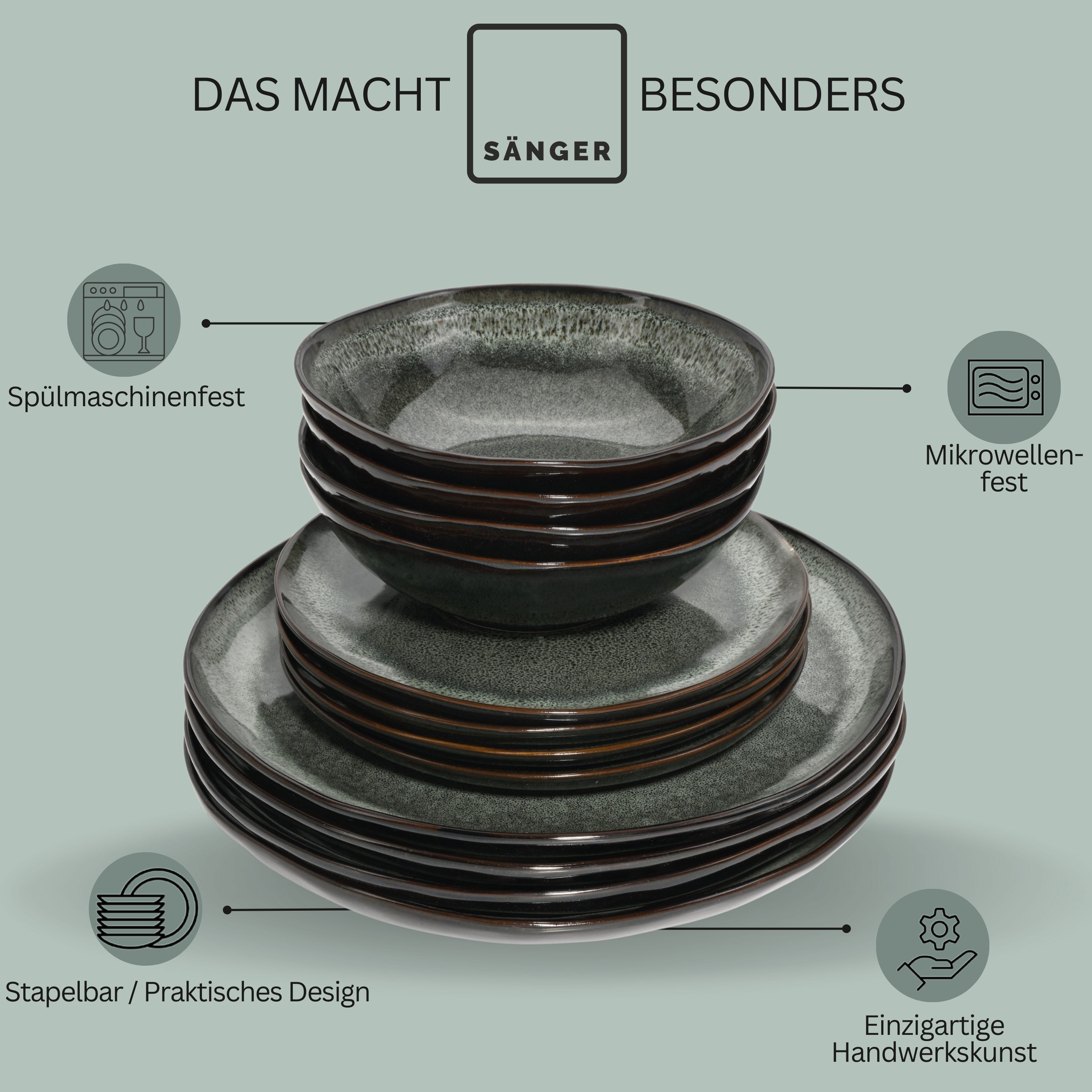 SÄNGER Steingut Geschirrset Kopenhagen, Tafelservice 24 teilig für 8 Personen