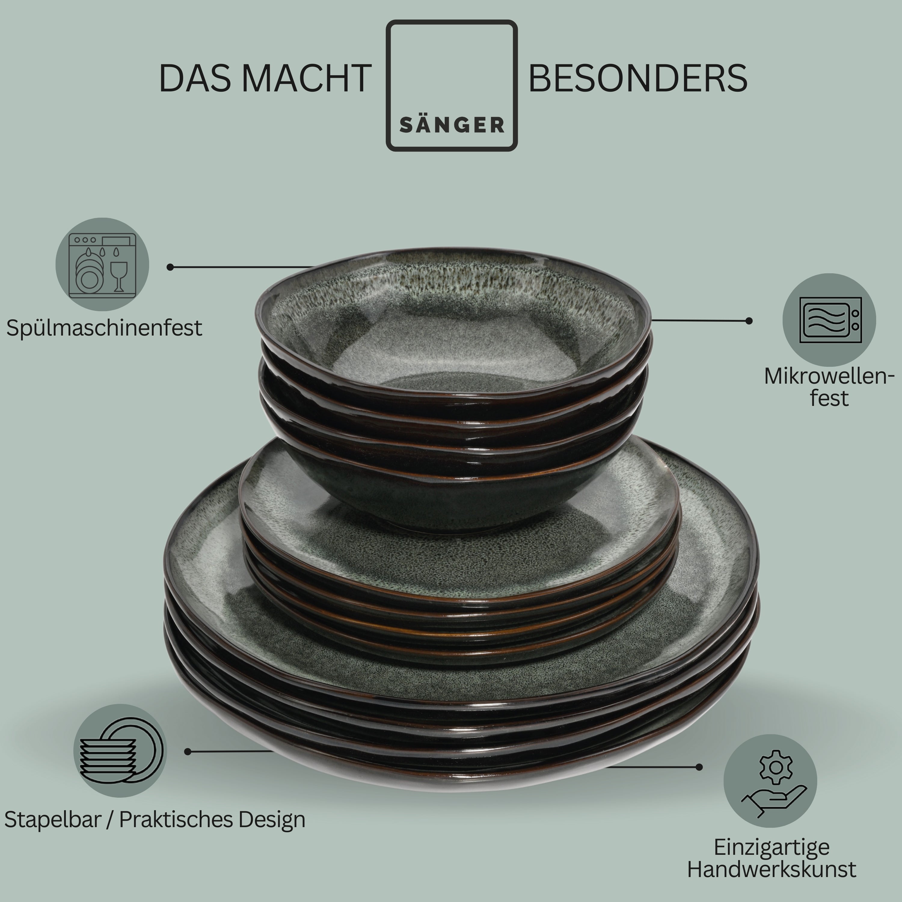 SÄNGER Steingut Geschirrset Kopenhagen, Tafelservice 36 teilig für 12 Personen