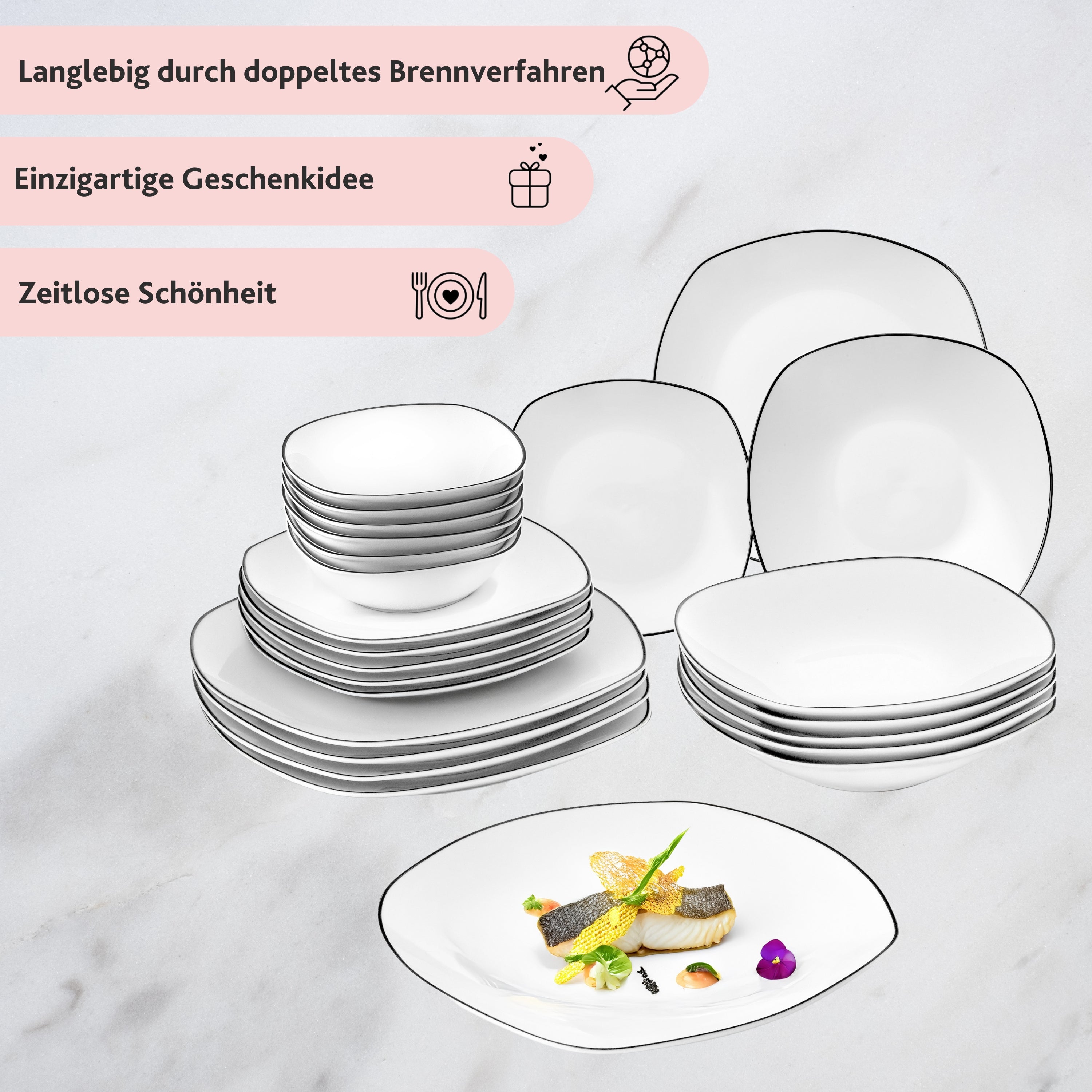 SÄNGER Porzellan Geschirrset Bilgola Black Rim, Tafelservice 24 teilig für 6 Personen