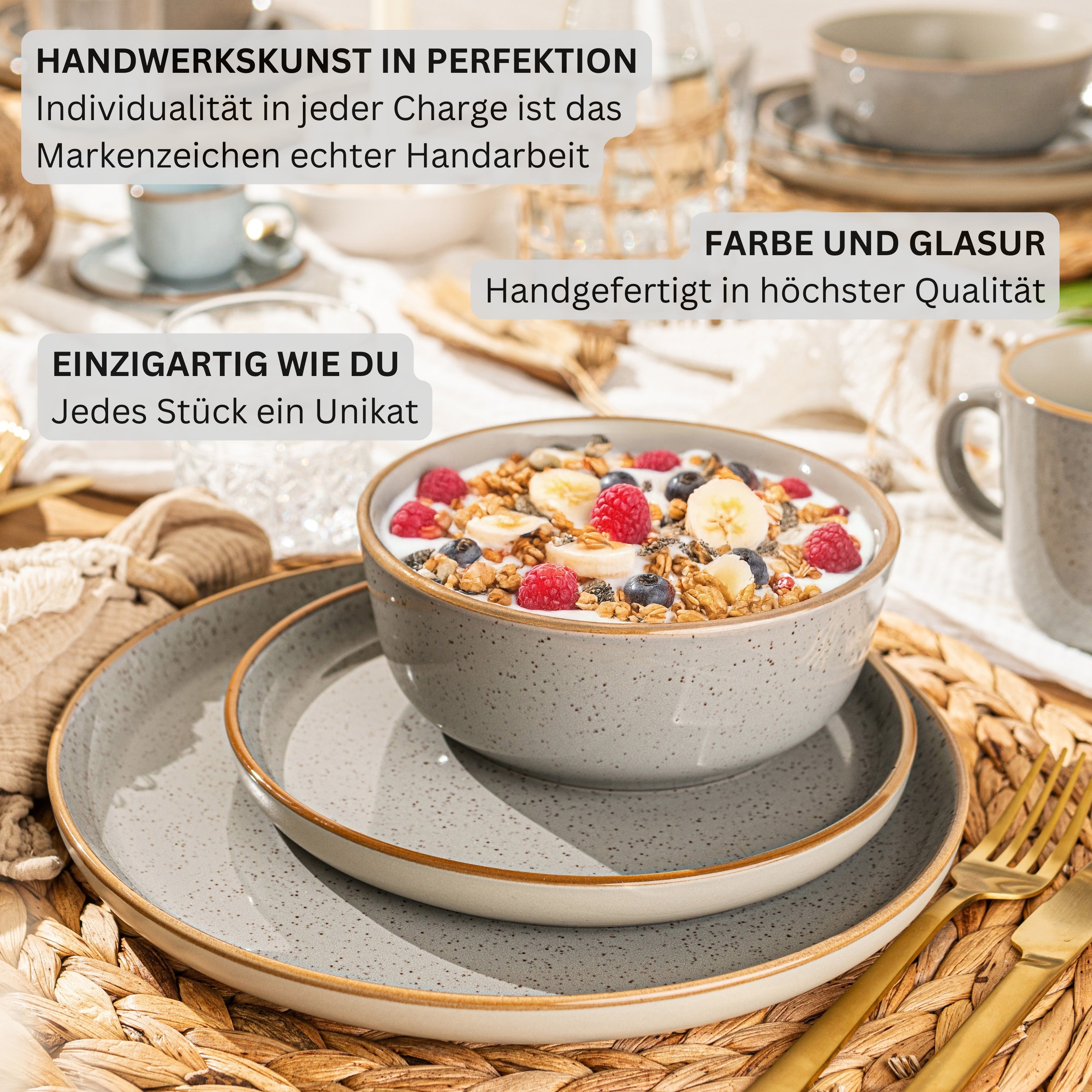 SÄNGER Stoneware Dinnerware Set Rio Pearl Gray, 12-Piece Dinner Set for 4 People