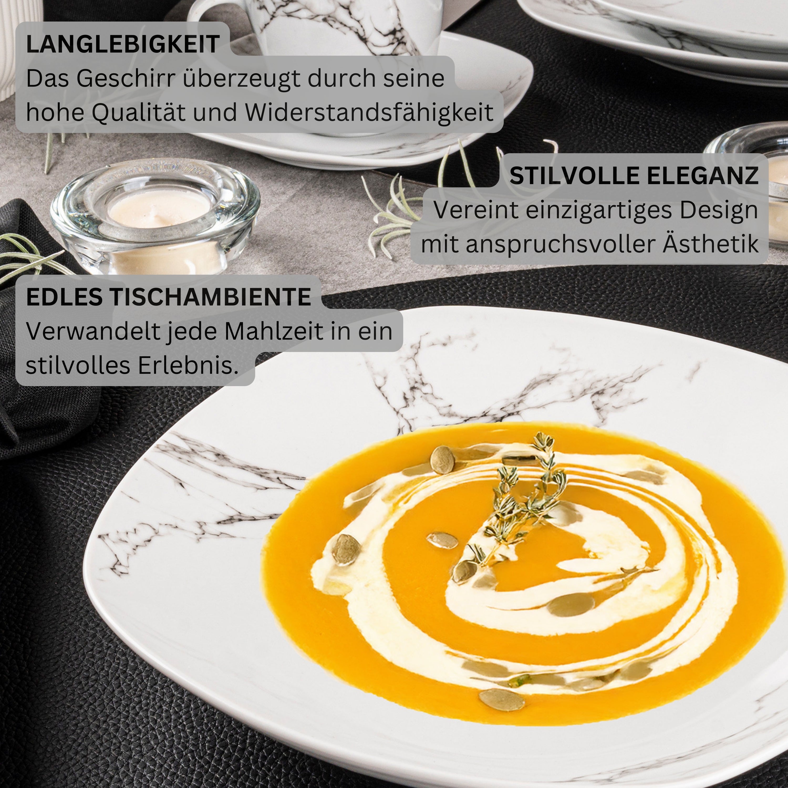 SÄNGER Porzellan Geschirrset Bilgola Marmor, Tafelservice 24 teilig für 6 Personen