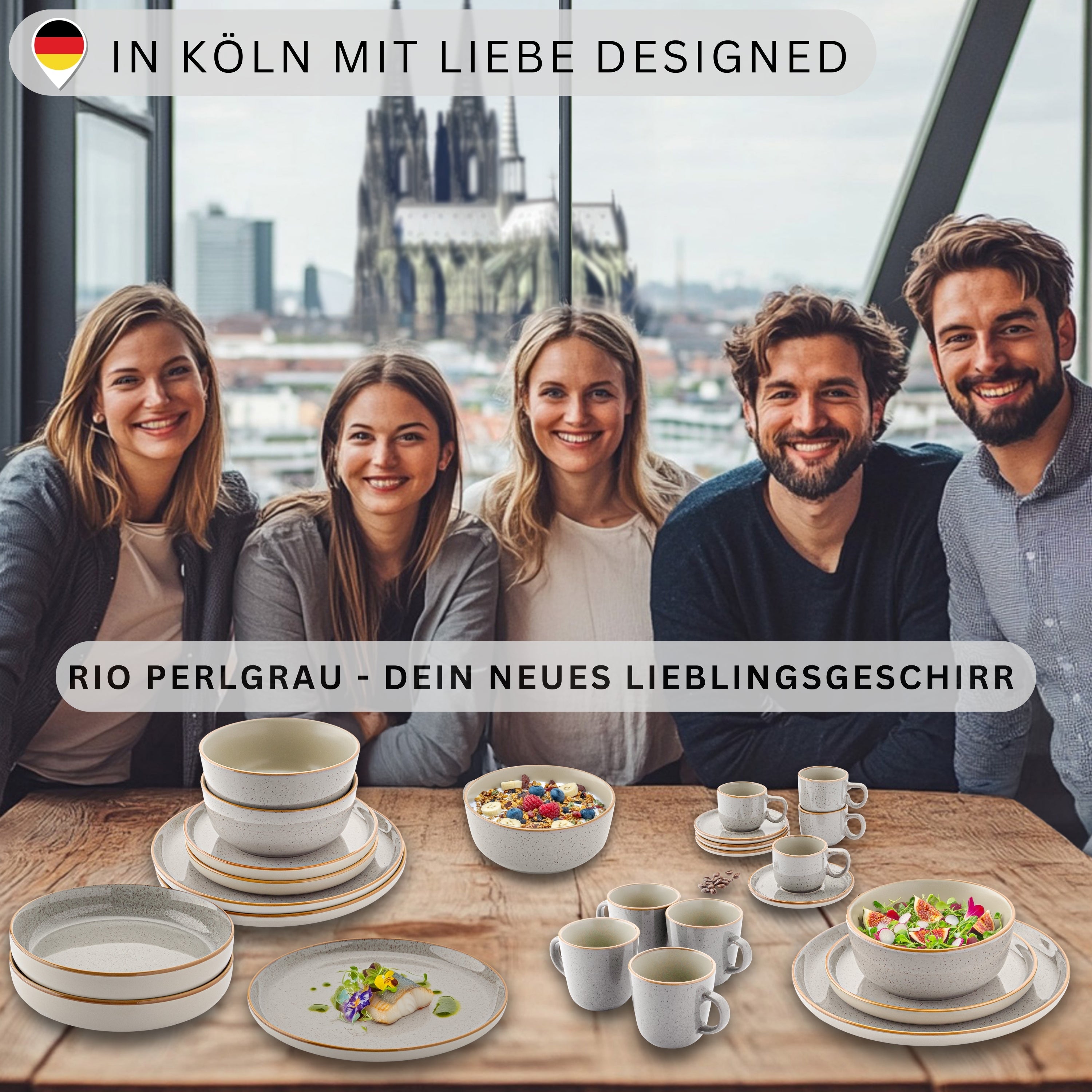 SÄNGER Steingut Geschirrset Rio Perlgrau, Tafelservice 24 teilig für 6 Personen