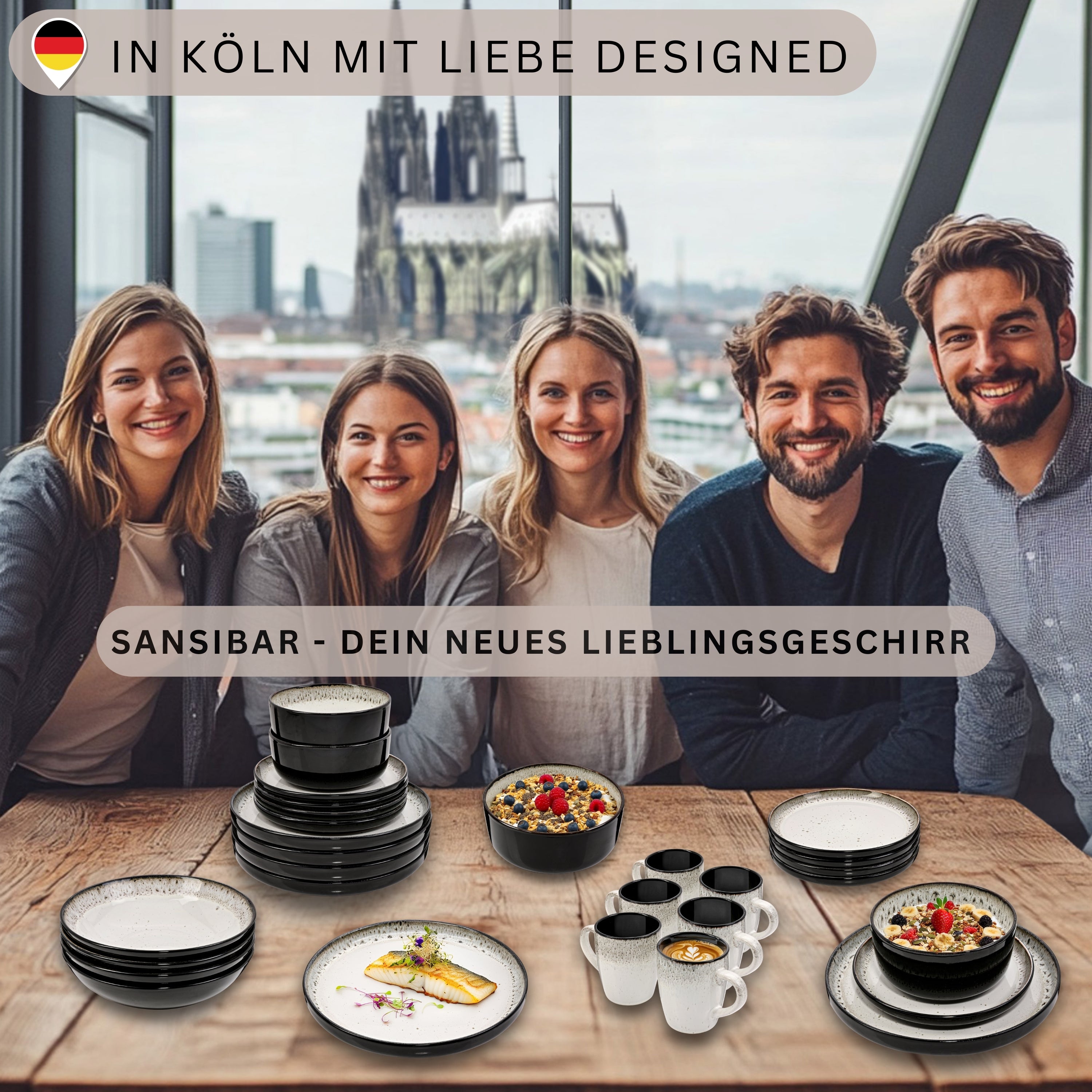 SÄNGER Steingut Geschirrset Sansibar, Tafelservice 18 teilig für 6 Personen