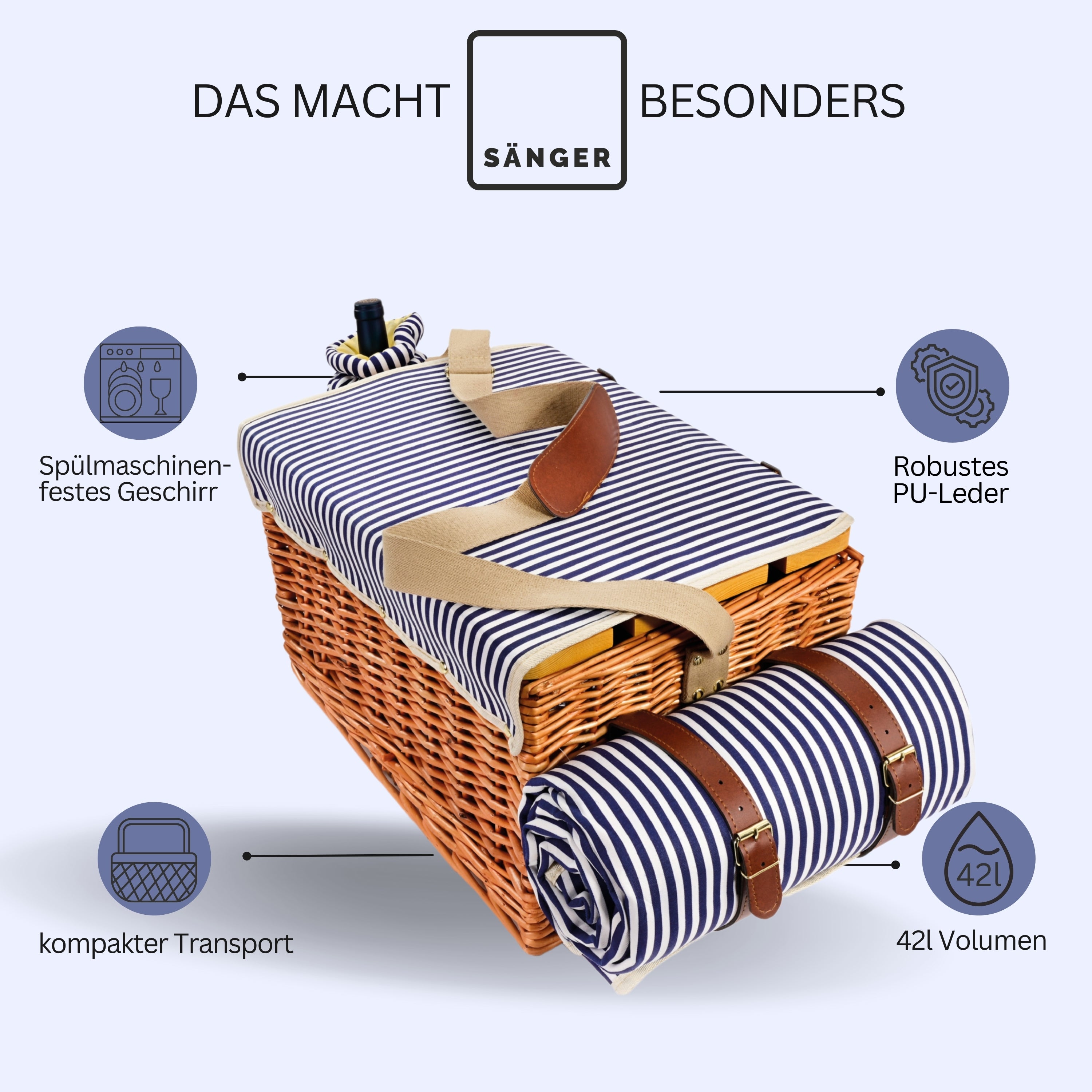 SÄNGER Picknickkorb Borkum mit integriertem Tisch & Kühltasche 25 teilig für 4 Personen