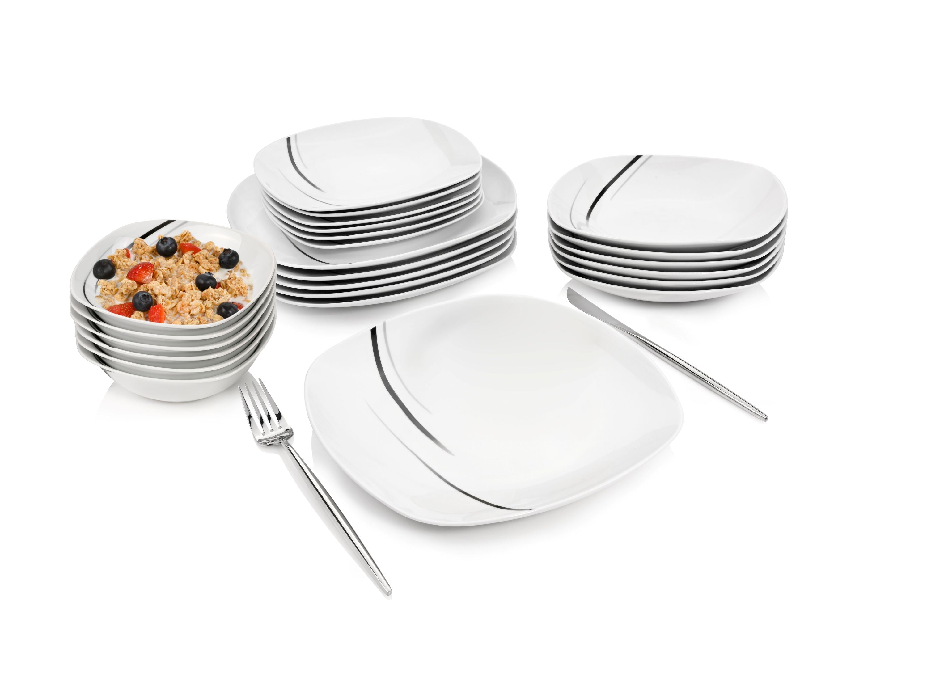 Porzellan Geschirrset Bilgola Black Lines, Kombiservice 24 teilig für 6 Personen