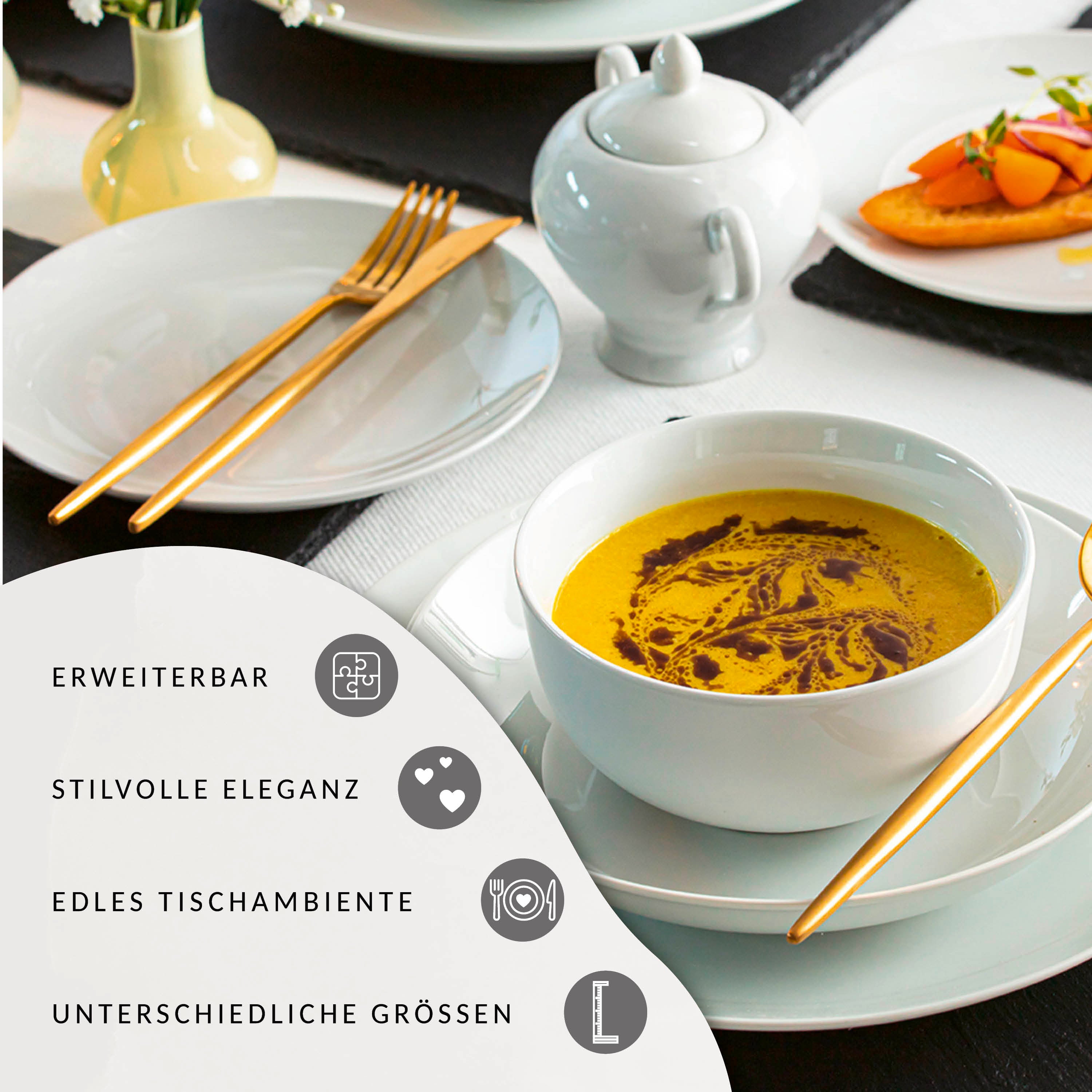 SÄNGER Porzellan Geschirrset New Port, Kombiservice 86 teilig für 12 Personen